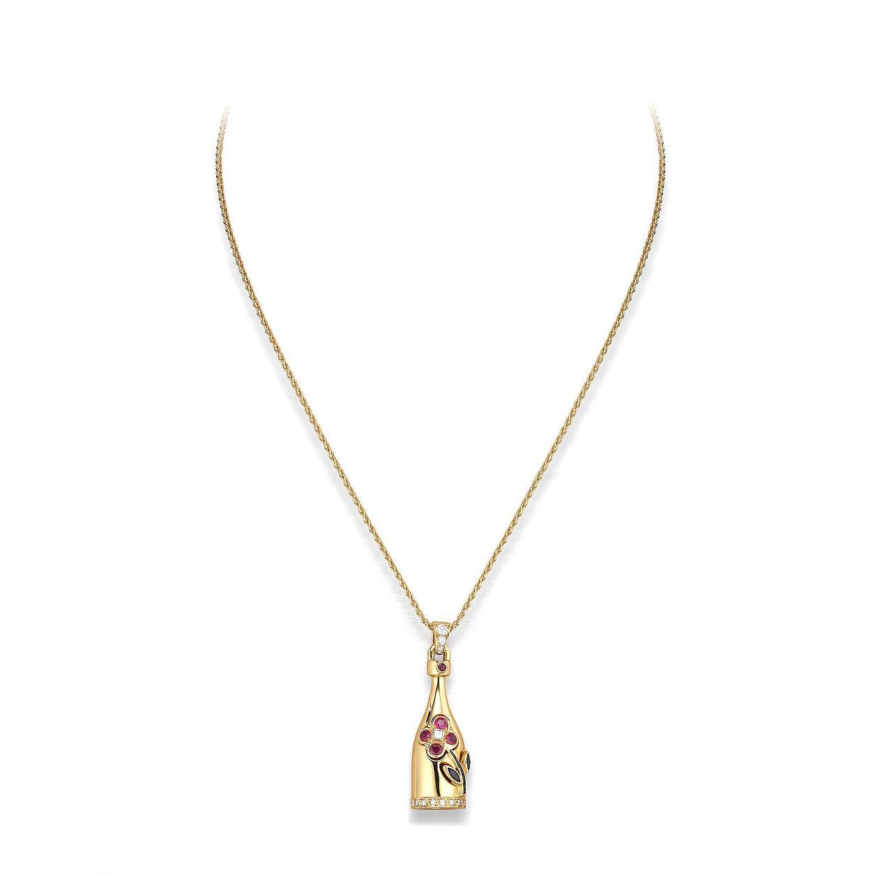 Flower bottle pendant in 18kt yellow gold set with diamonds 0.40 cts and rubies and sapphires 0.85 cts         