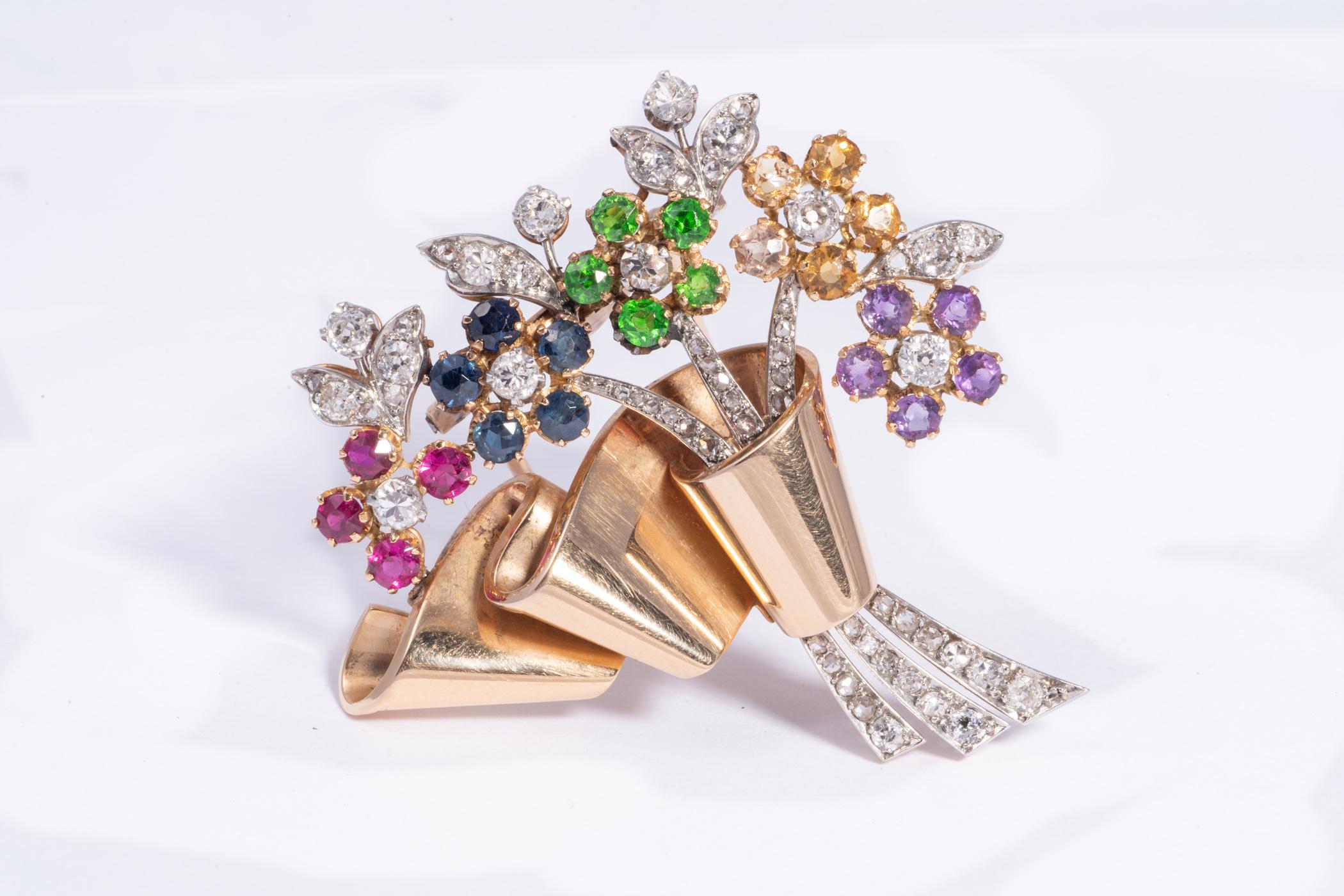 Round Cut Flower Bouquet Brooch with Precious Gems and Diamonds