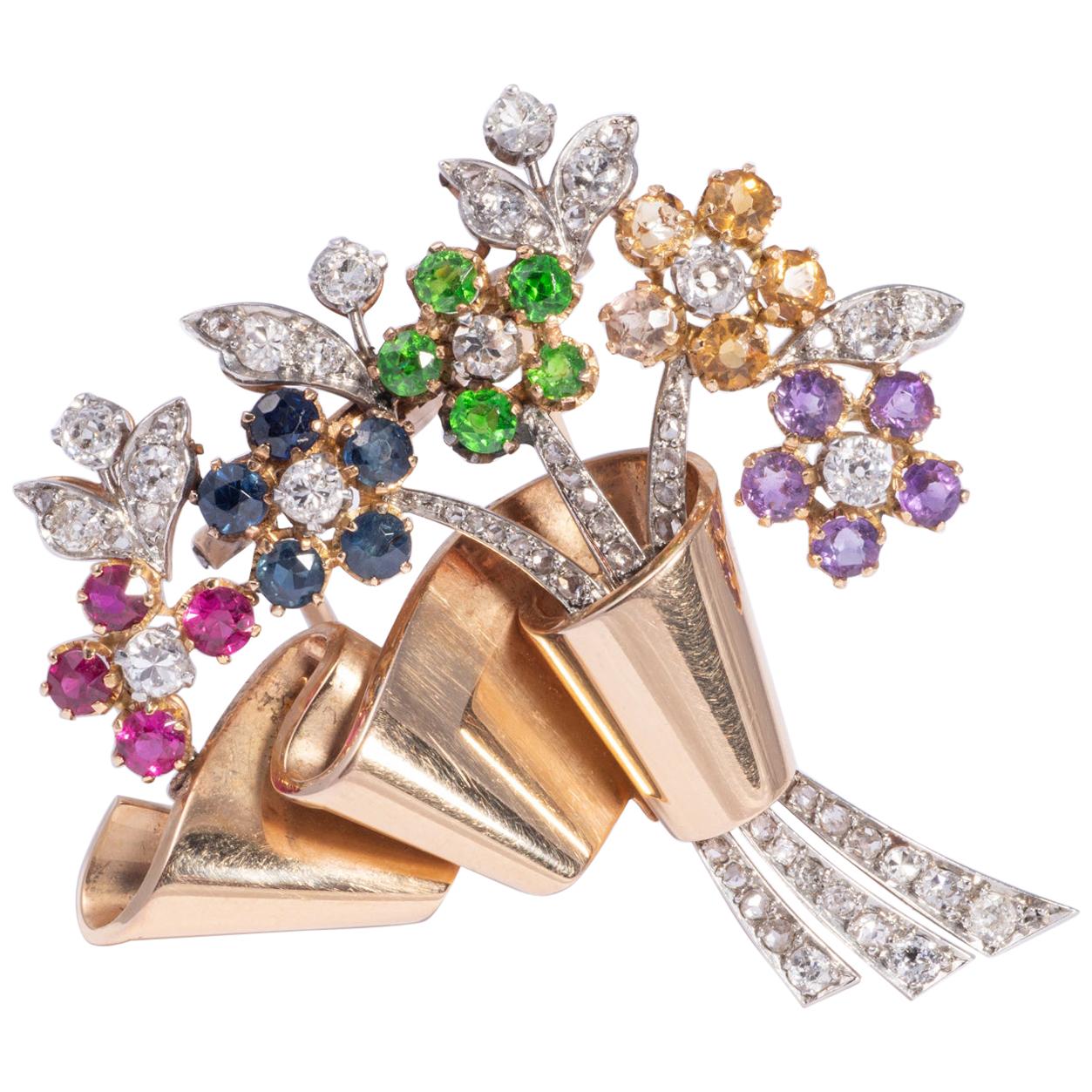Flower Bouquet Brooch with Precious Gems and Diamonds