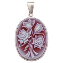 Flower Bouquet Carving Agate Cameo Sterling Silver Pendant Necklace