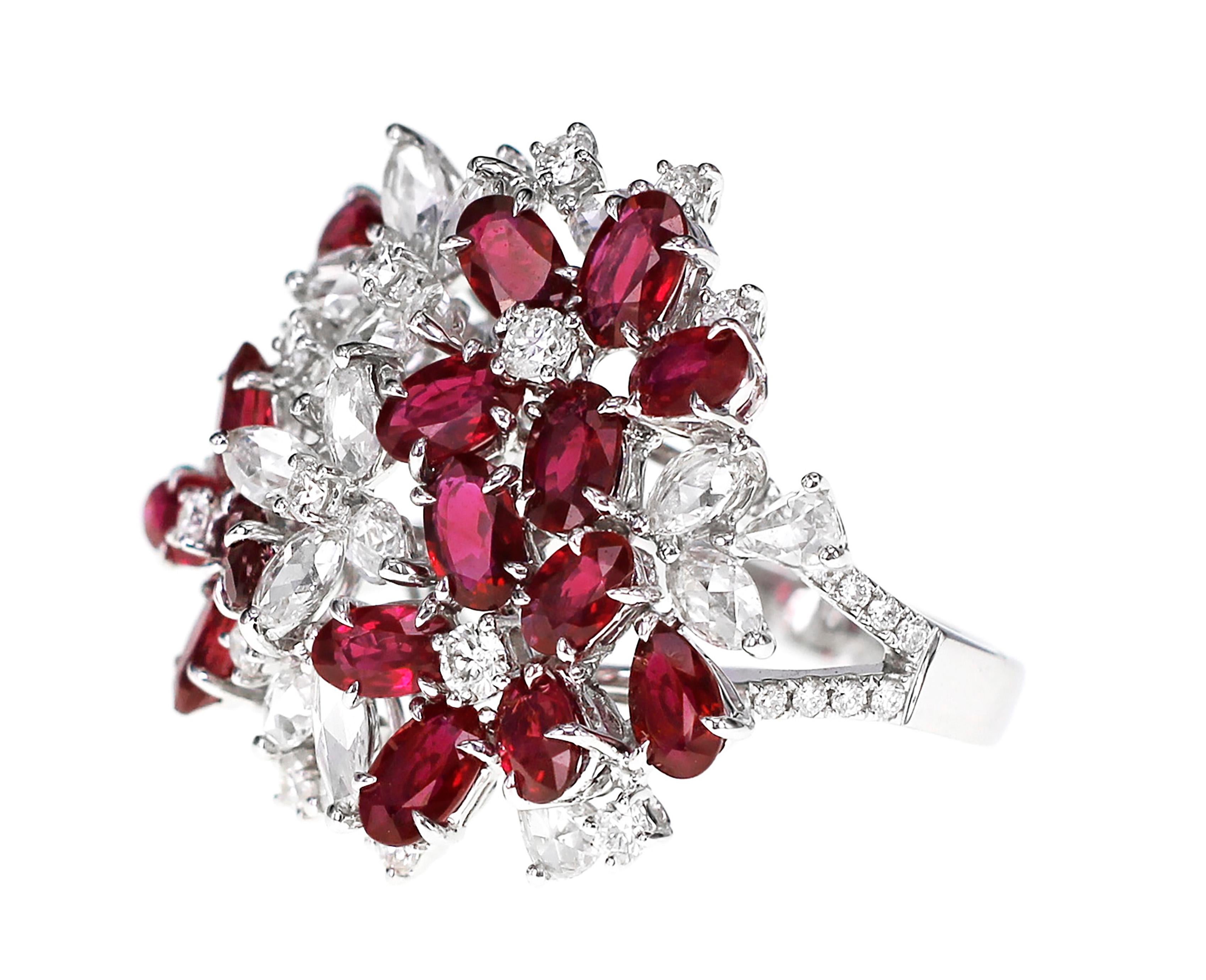 4.11 carats of vivid red ruby and 2.06 carat of white diamond are combined together to craft this designer ring, The details of the ring are mentioned below:
Color: F
Clarity: Vs
Ring Size: US 6.5
The ring size can be changed on request.