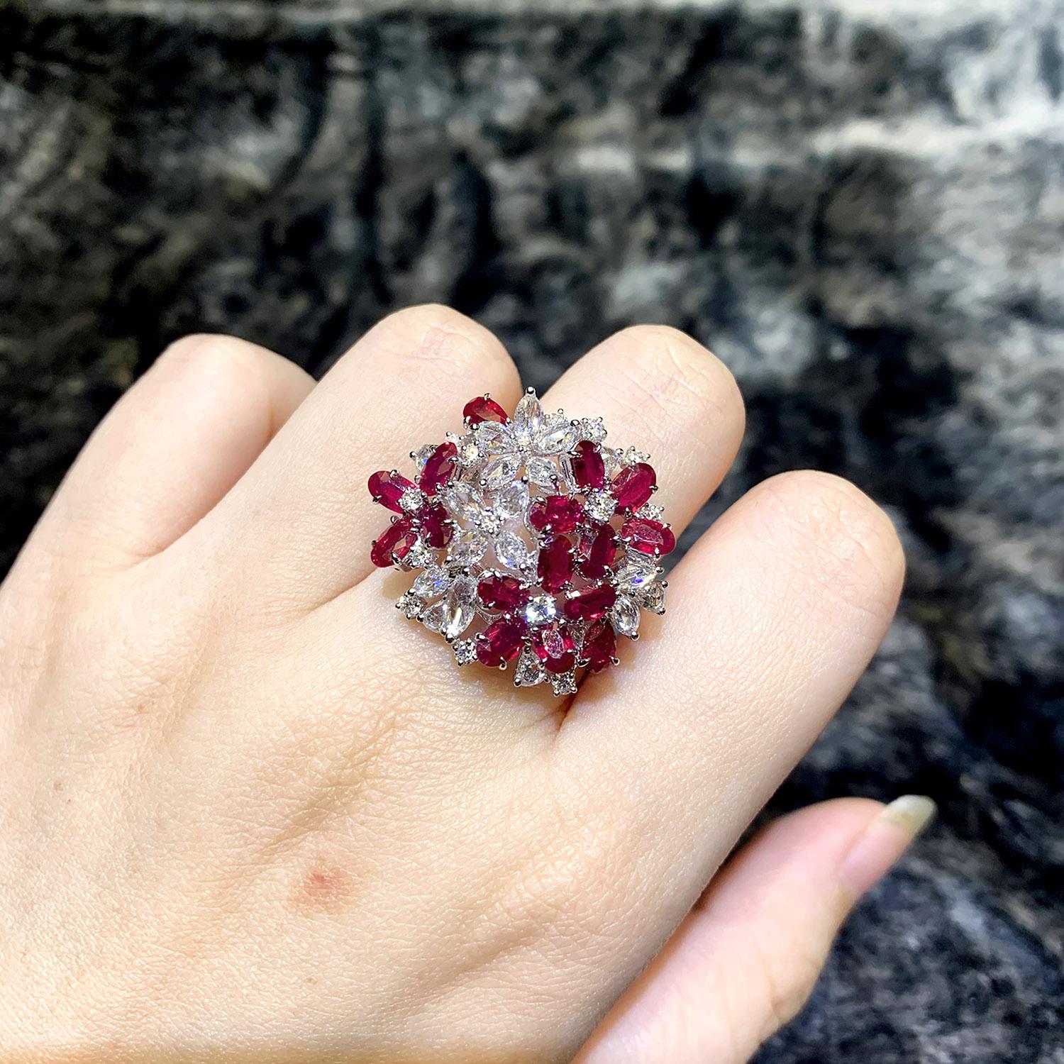 Art Nouveau Flower Bouquet Inspired Ruby and Diamond Designer Ring For Sale