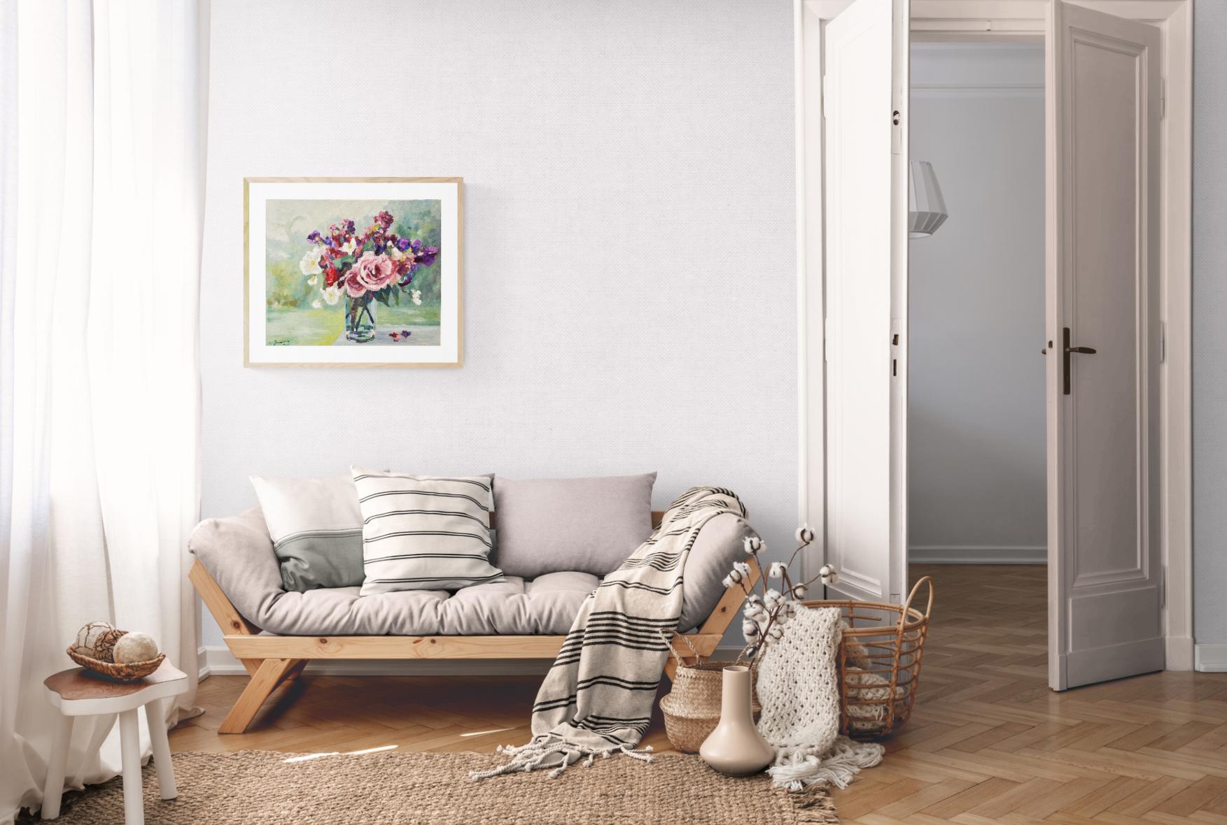 Elegantes Ölgemälde auf Leinwand, das einen üppigen Blumenstrauß in einer Glasvase zeigt. Das Werk ist signiert und datiert Patrice Guiraud, 2016. (55x46 cm, nicht gerahmt)
Dieses zeitgenössische Blumenstillleben besticht durch seine leuchtenden