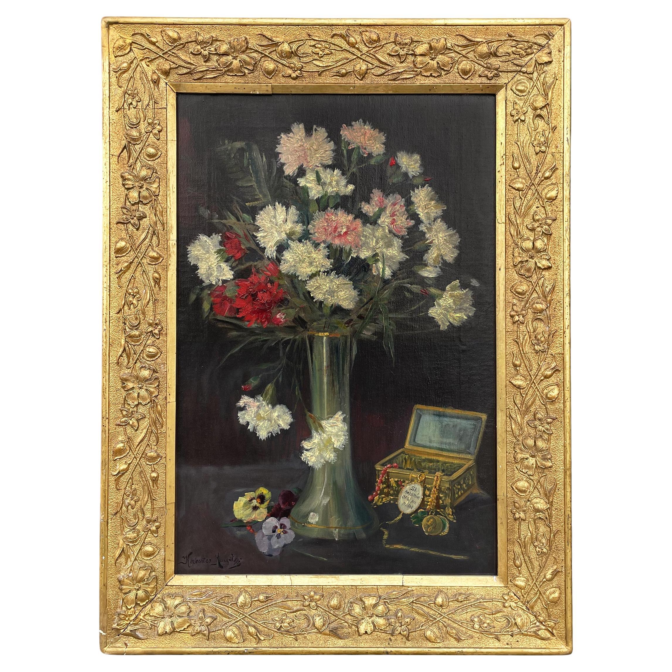 Bouquet de fleurs Huile sur toile, Kereztes Margit en vente