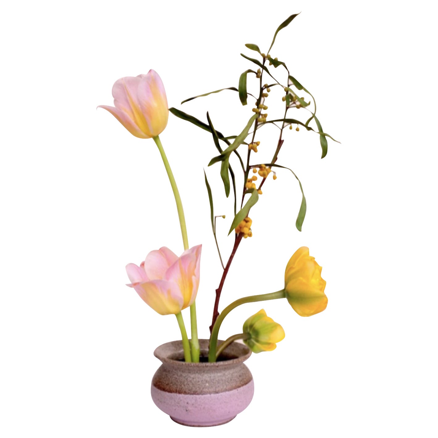 Blumenschale aus grau gesprenkelter Tonerdeu2028 und matt Mauve + durchsichtige Glasur im Angebot