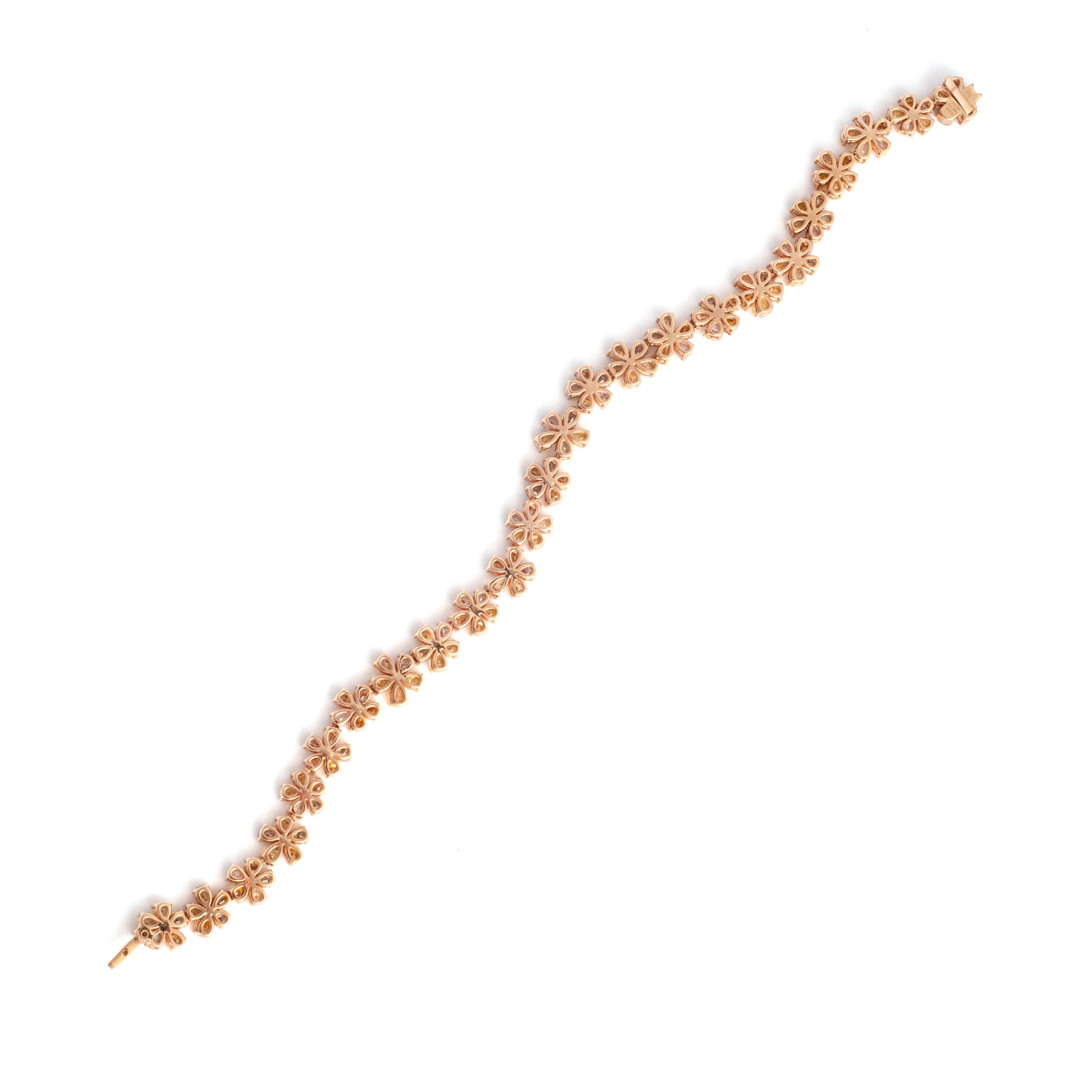 Pear Cut Flower Bracelet yellow gold set with diamonds For Sale
