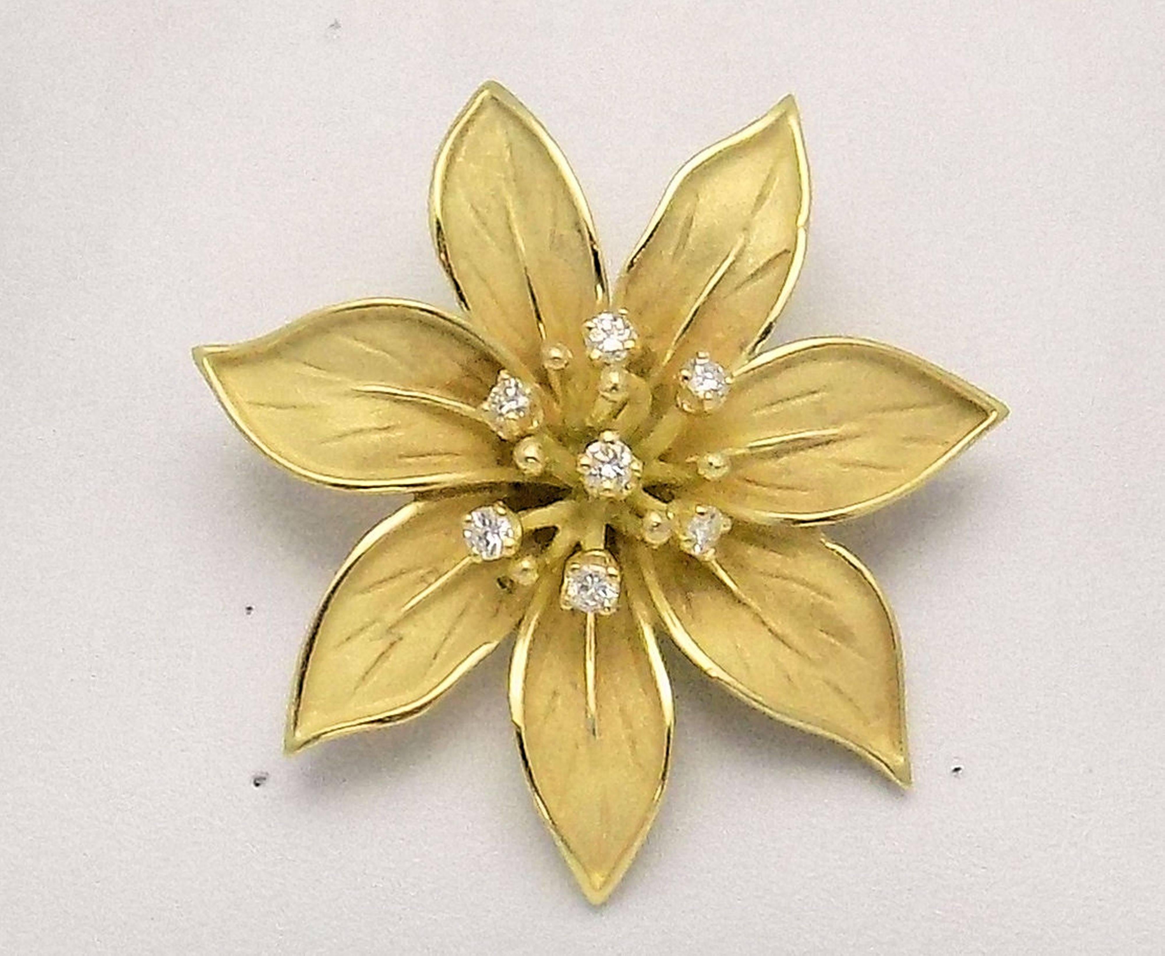 Flower Brooch and Earring Set in 18 Karat Yellow Gold and Diamonds In Excellent Condition In Dallas, TX