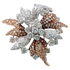 Flower Brooch Diamond Brilliant Cut 6 Carat Yellow and White Gold 18 Karat