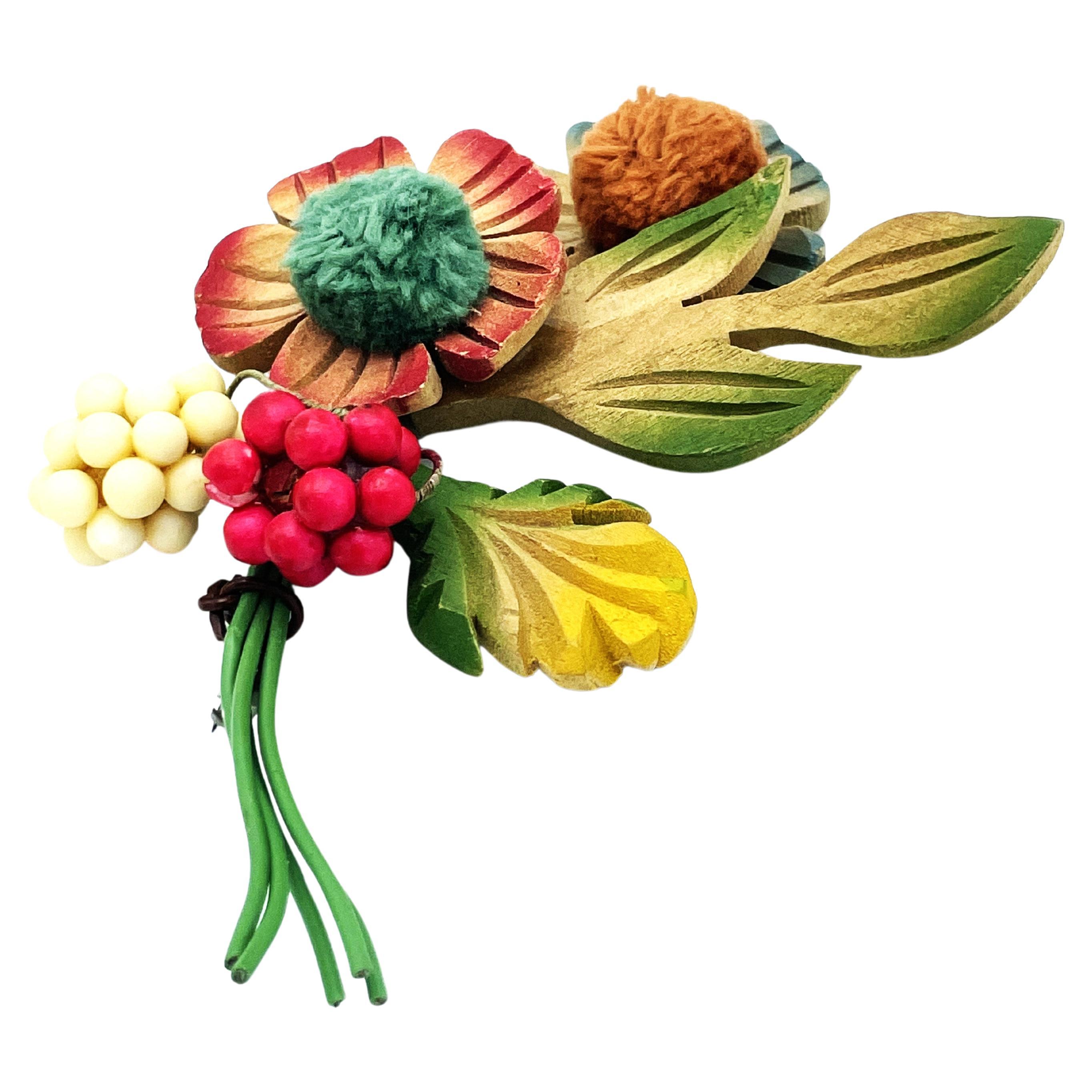  Flower brooch, hand carved from wood, hand painted from the early 1940s , USA For Sale