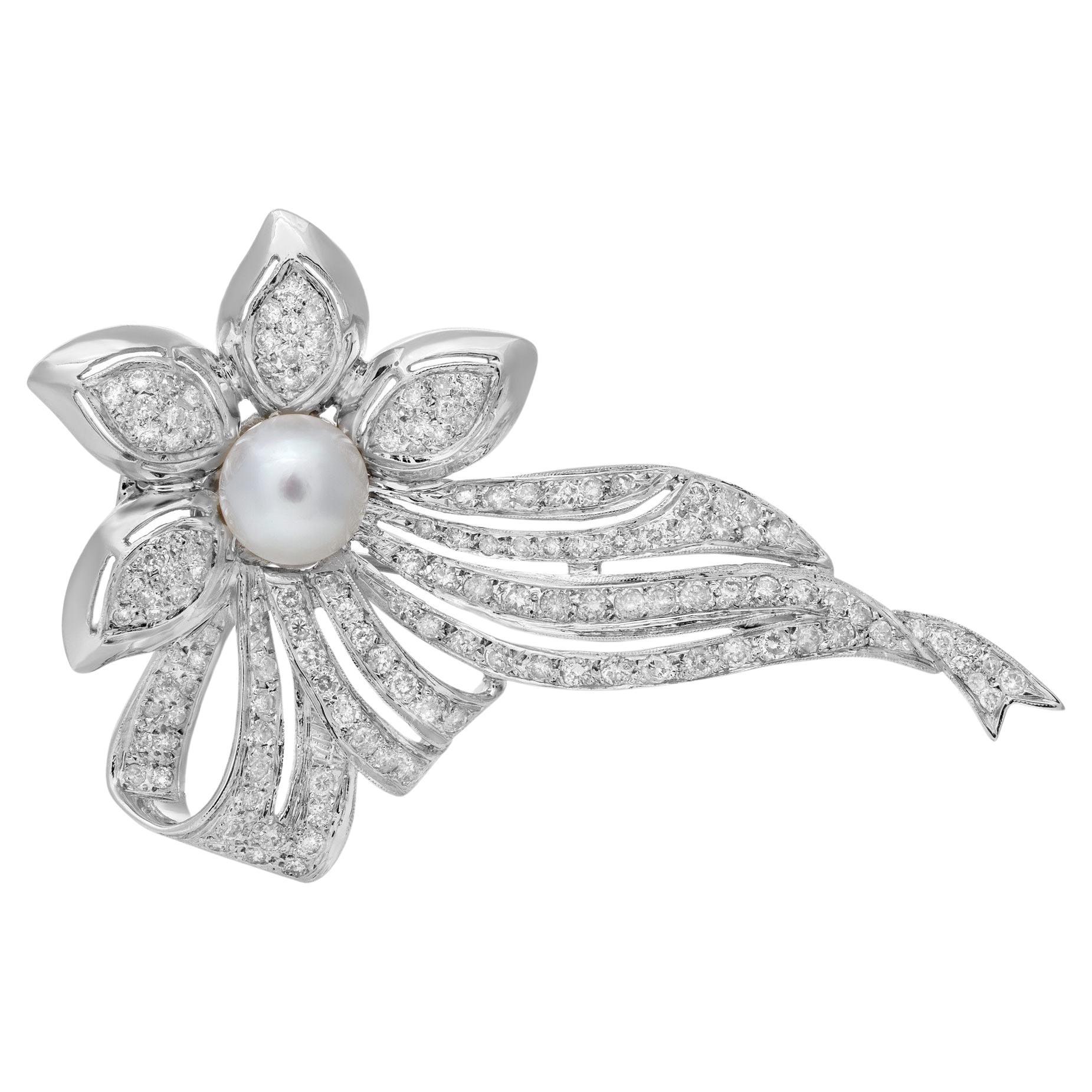 18 Karat White Gold Multi Gem Diamond with Pearl in Center Ostrich ...