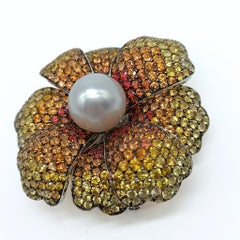 White Gold Australian Pearl and Yellow Sapphire Flower Brooch by Diamrusa