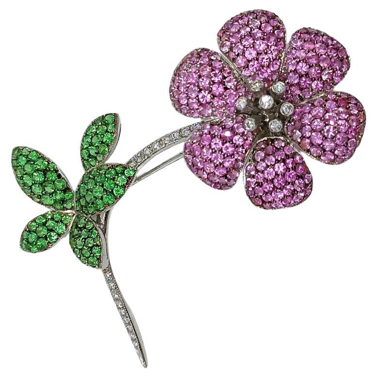 Flower Brooch in White Gold with Diamonds, Tsavorites and Pink Sapphire