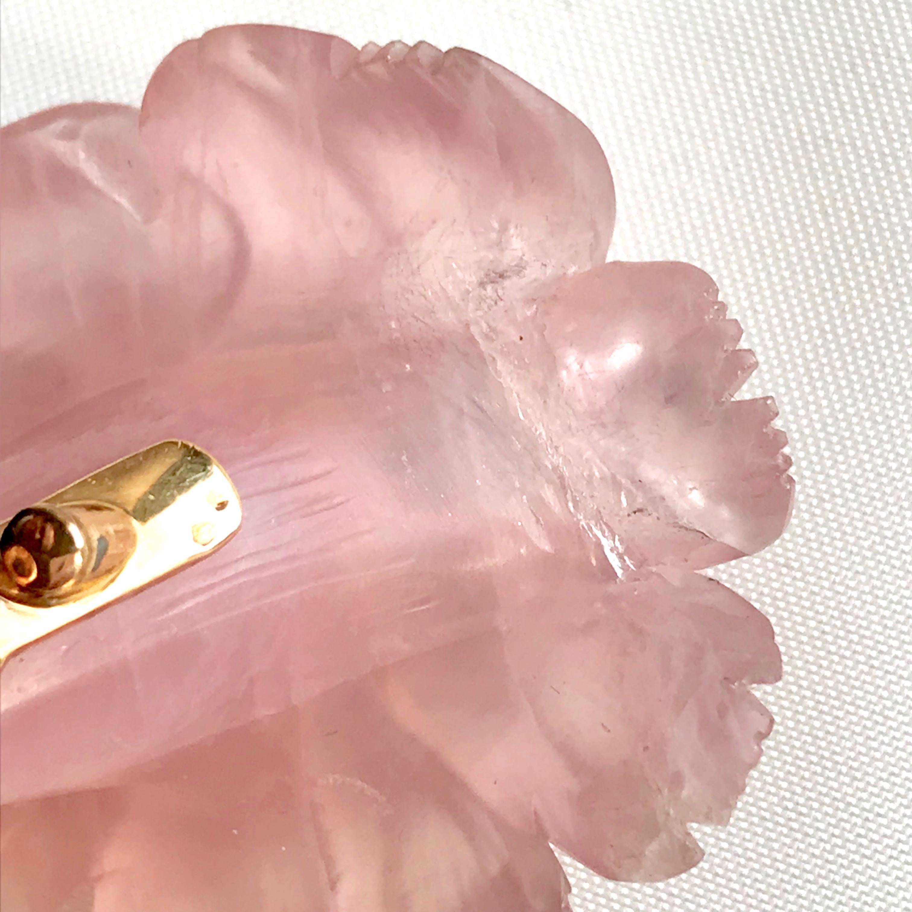 Flower Brooch, Rose Quartz, Yellow Gold and Diamonds For Sale 6