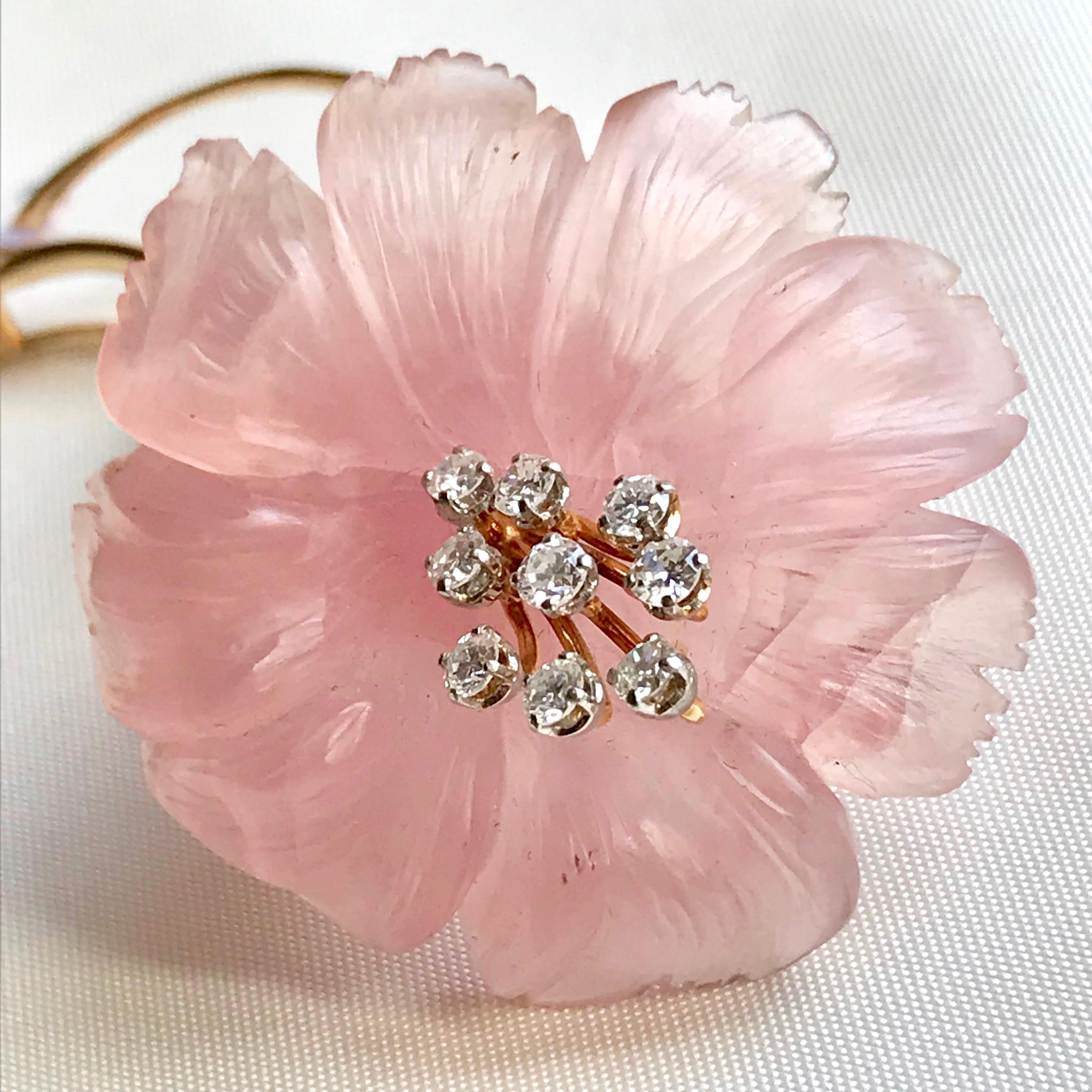 Flower Brooch, Rose Quartz, Yellow Gold and Diamonds For Sale 7
