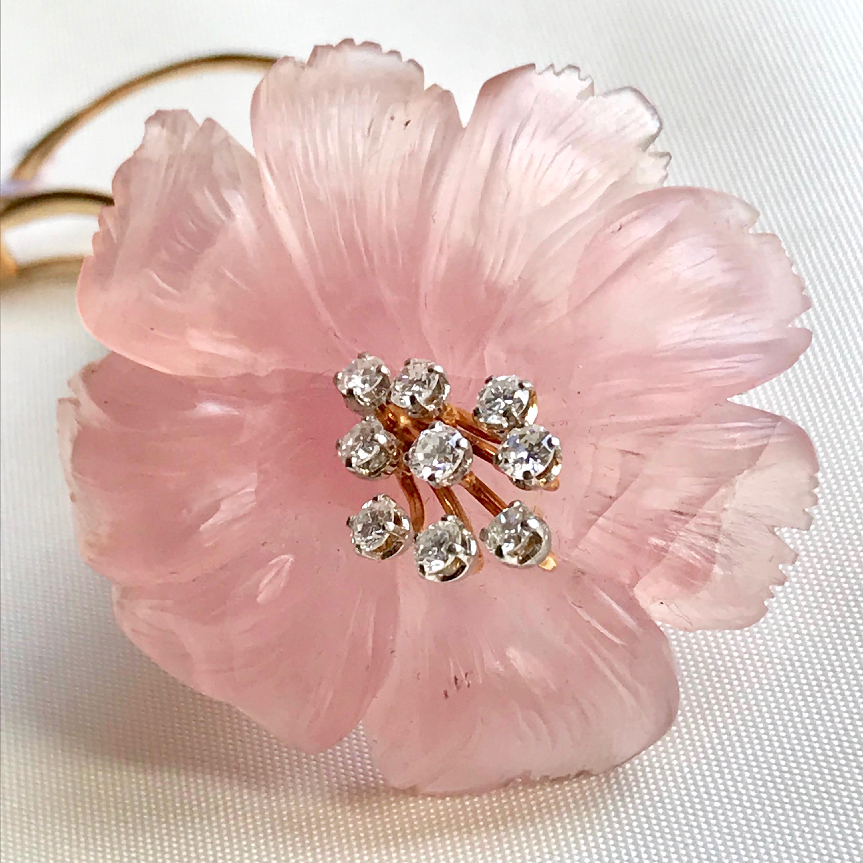 Broche Flor, Cuarzo Rosa, Oro Amarillo y Diamantes en venta 7
