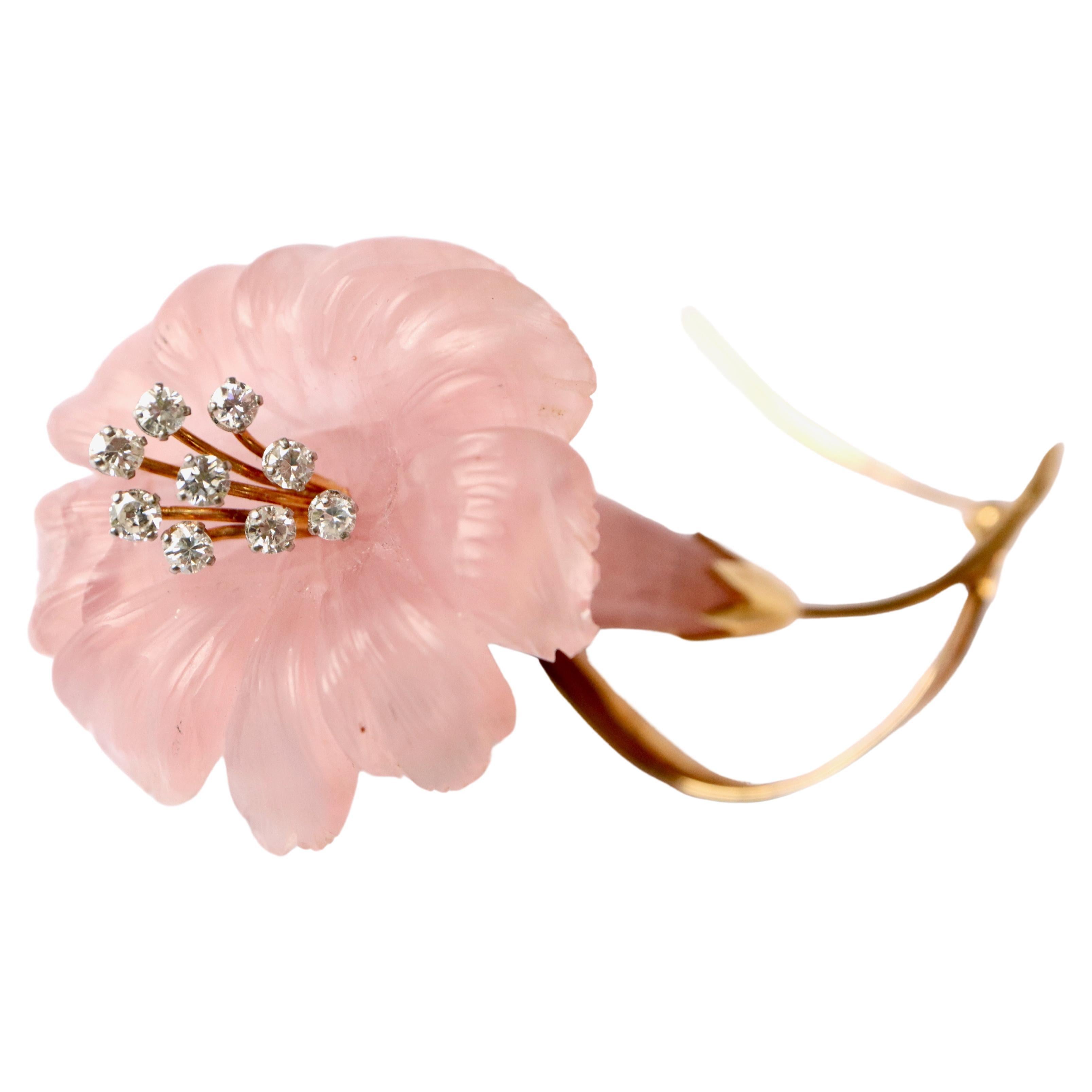 Flower Brooch, Rose Quartz, Yellow Gold and Diamonds For Sale