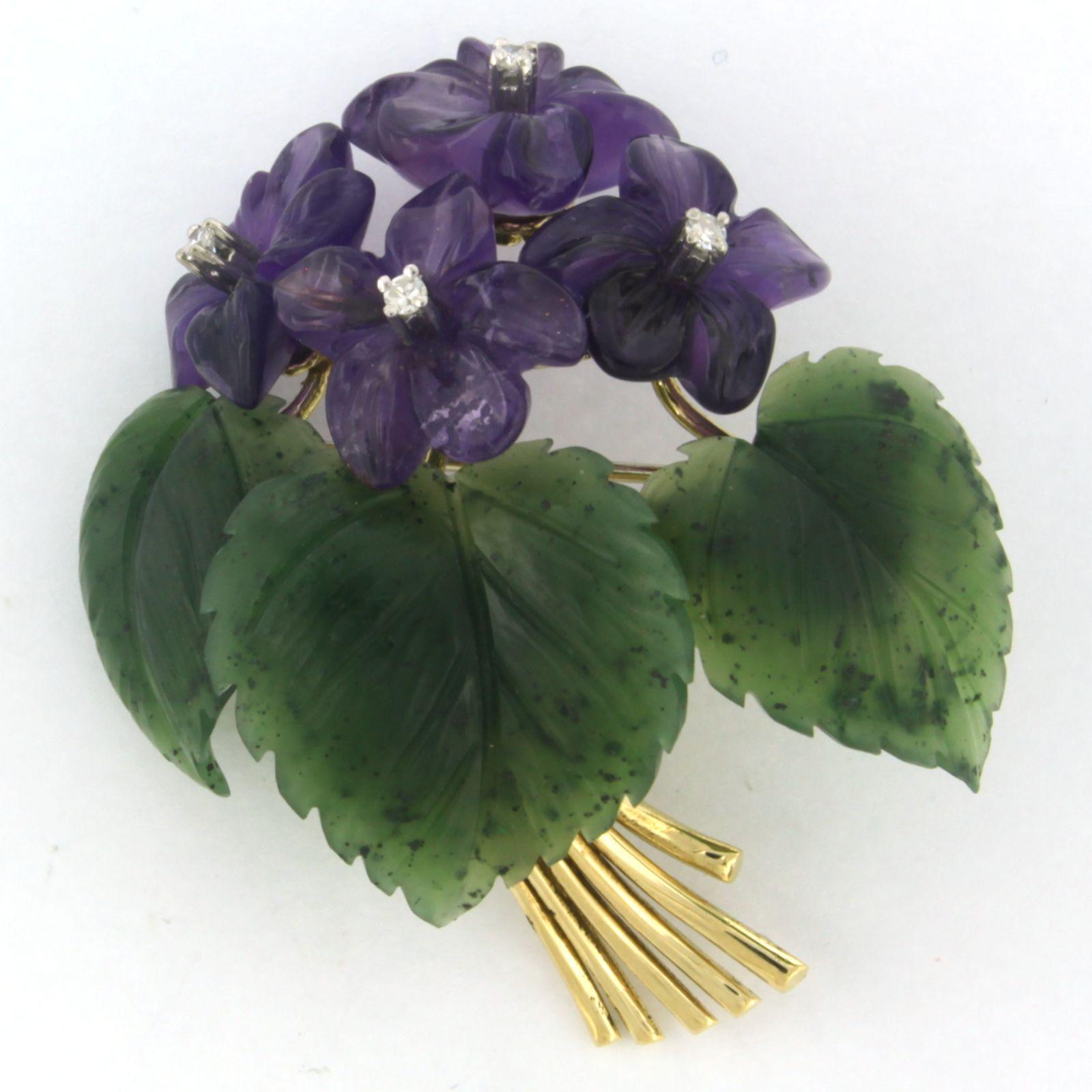 Modern Flower brooch set with amethyst, jade and diamonds 18k yellow gold For Sale