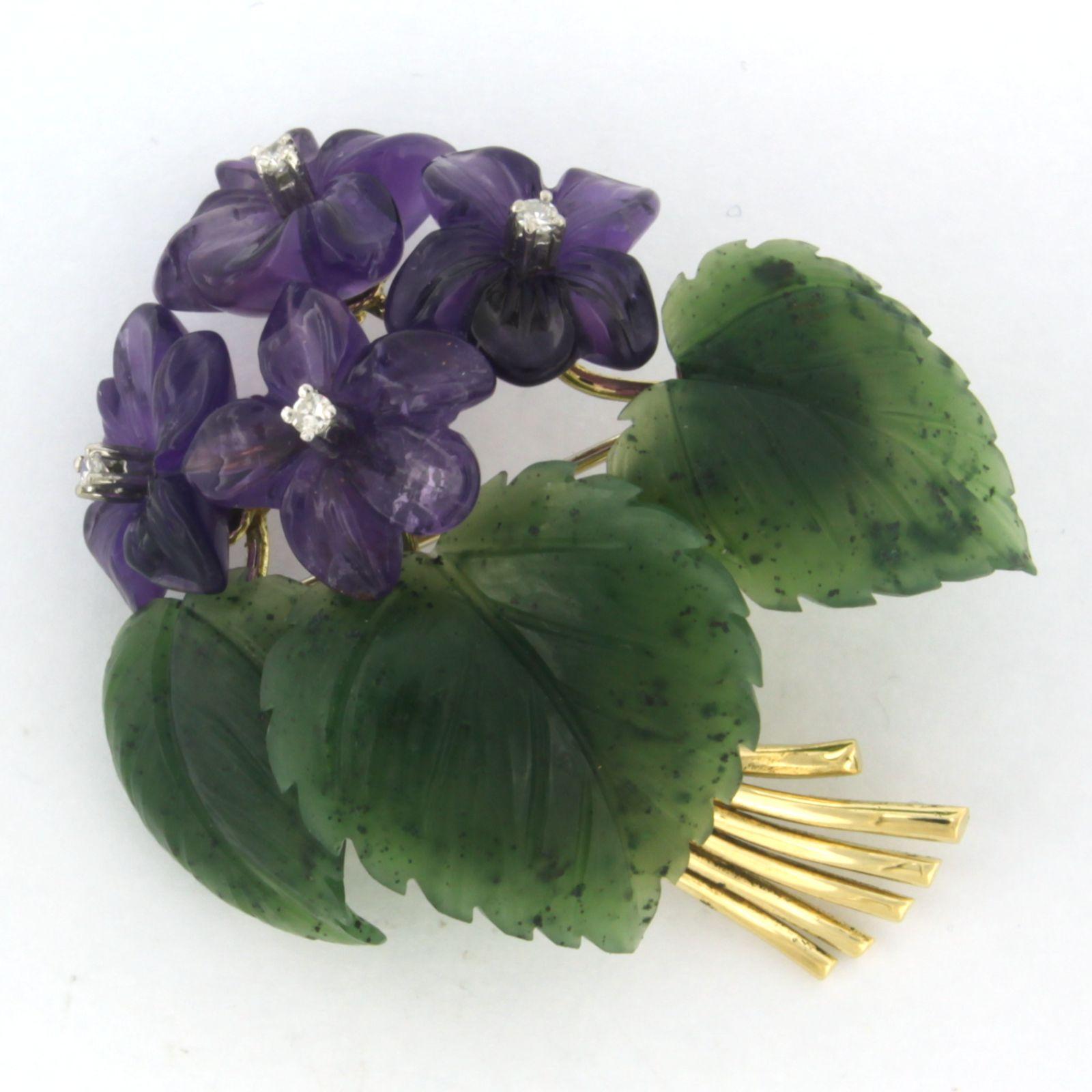 Single Cut Flower brooch set with amethyst, jade and diamonds 18k yellow gold For Sale
