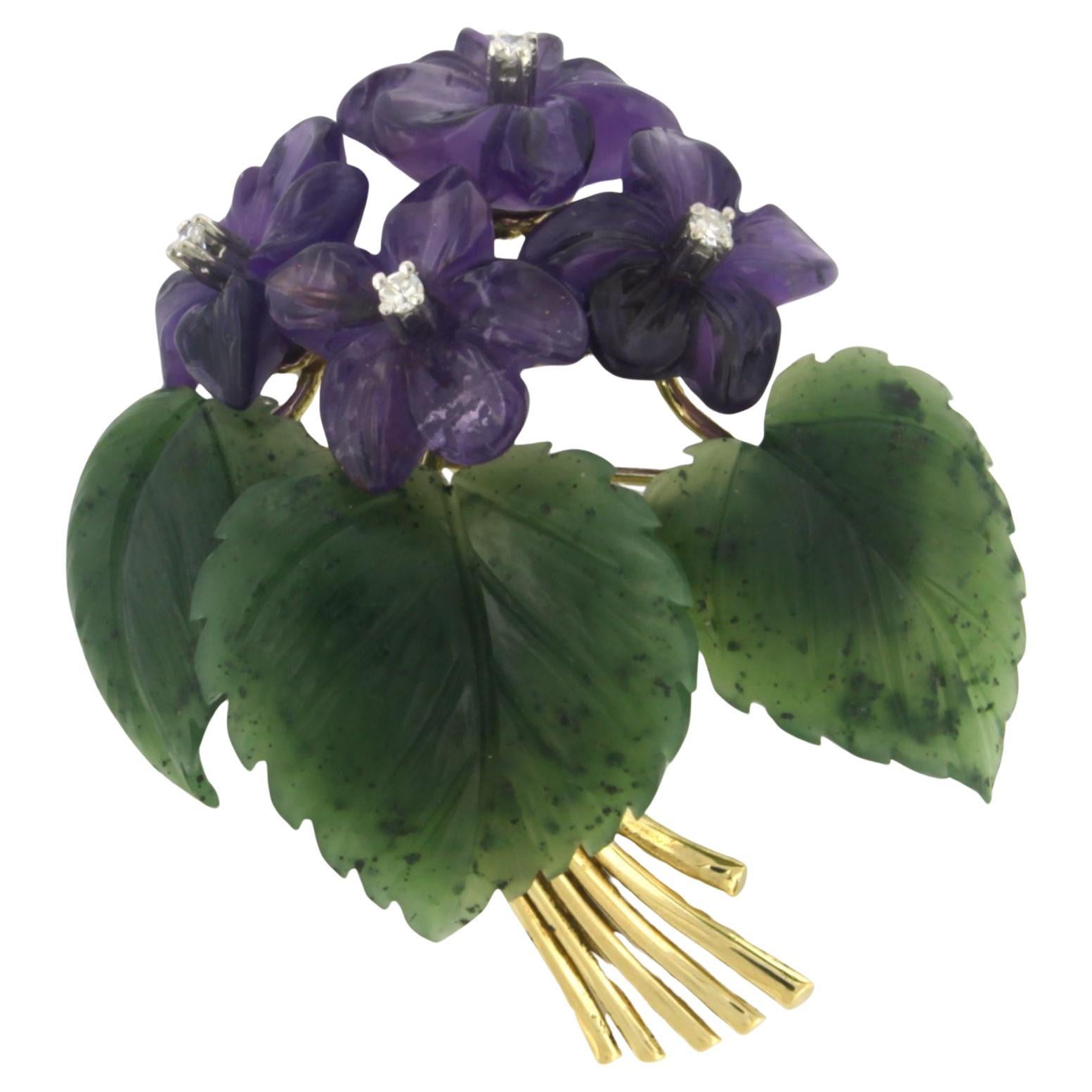Flower brooch set with amethyst, jade and diamonds 18k yellow gold For Sale