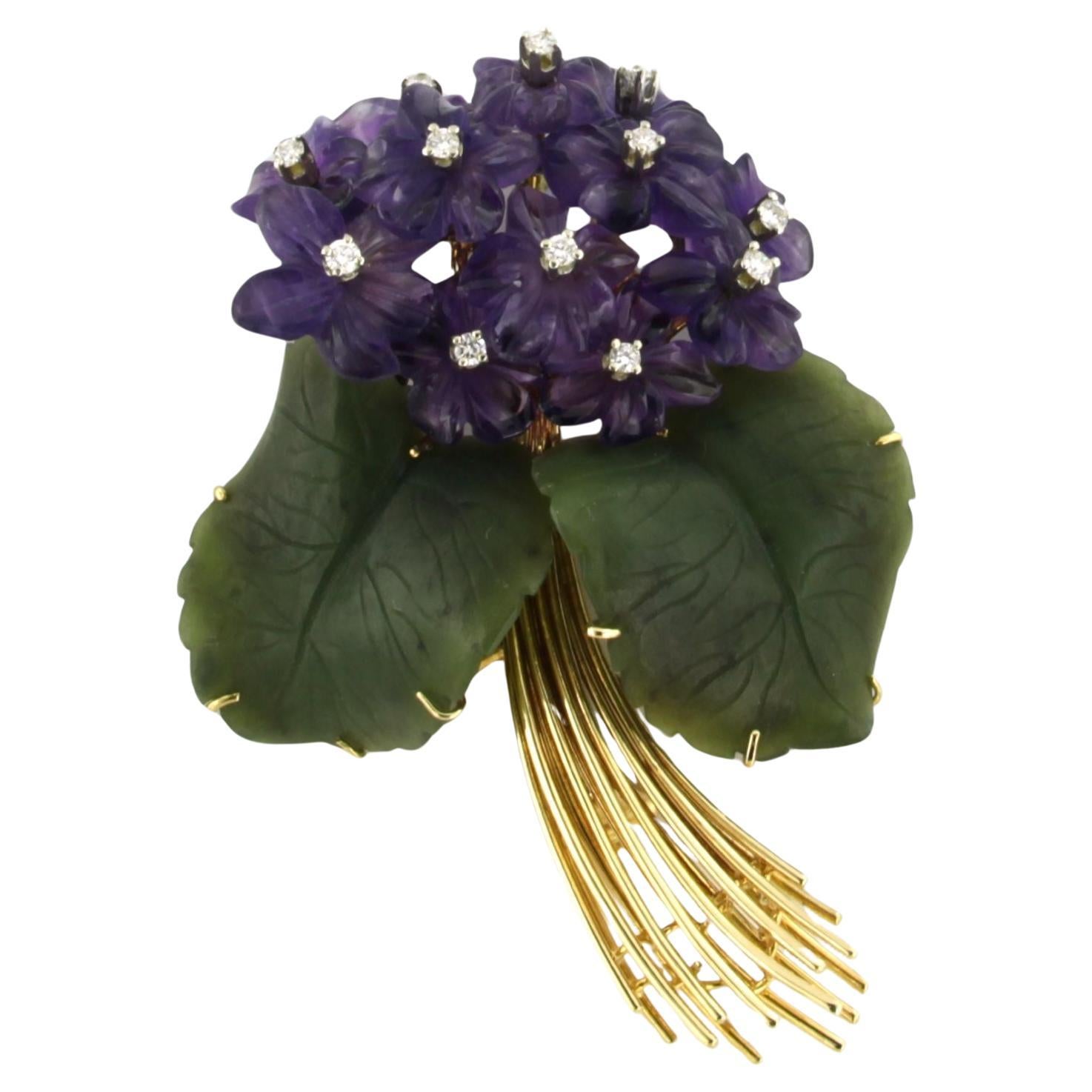 Flower brooch set with amethyst, jade and diamonds 18k yellow gold