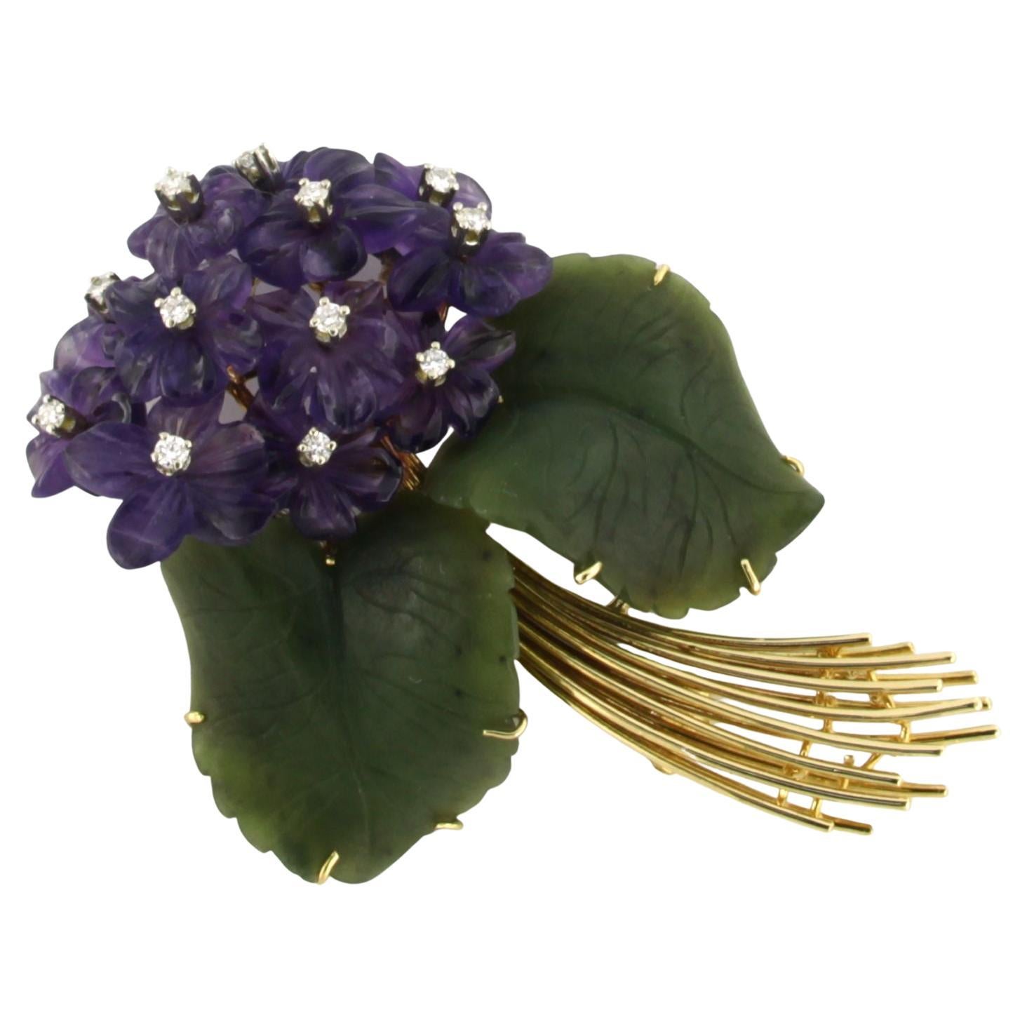 Flower brooch set with amethyst, jade and diamonds 18k yellow gold