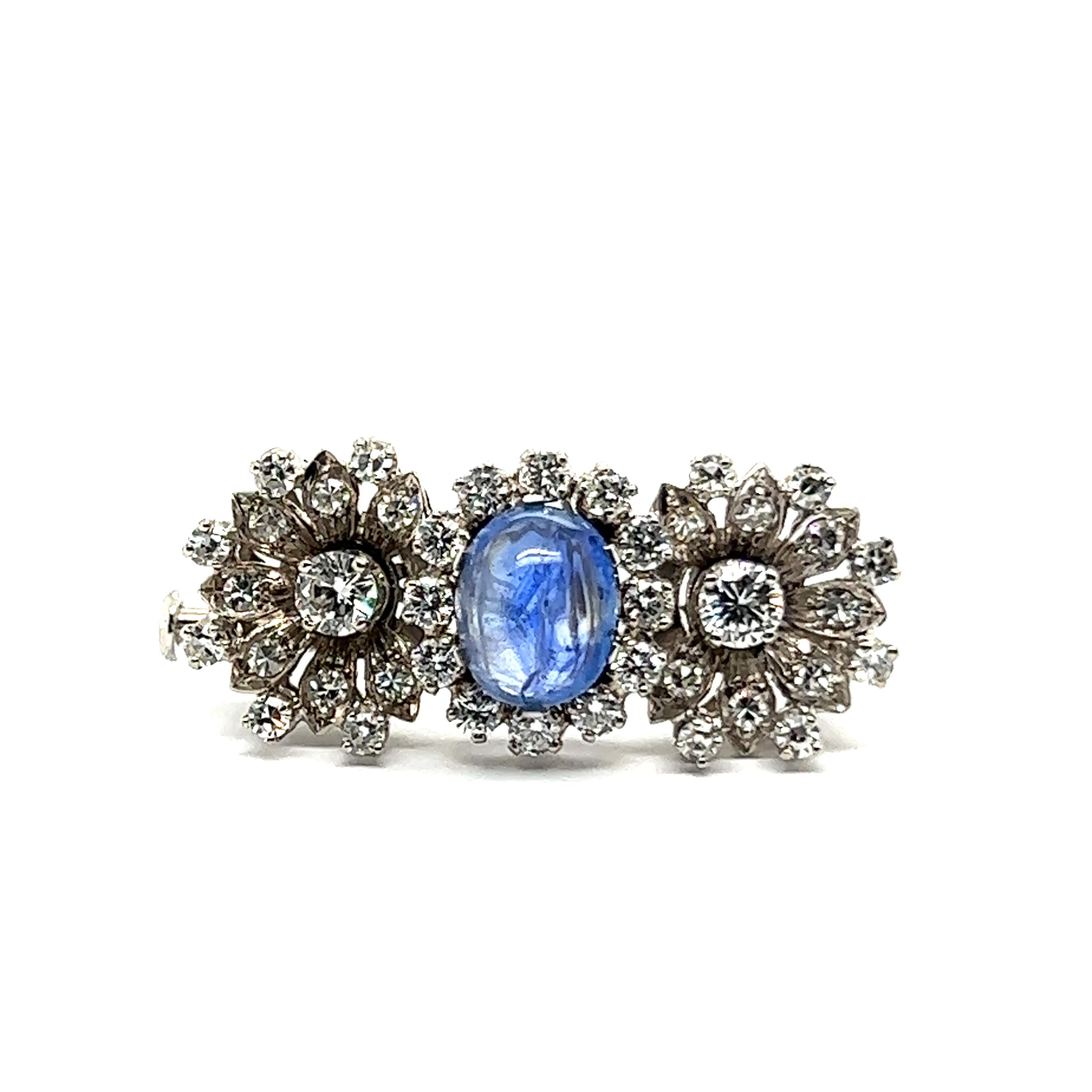 Flower Brooch with Blue Sapphire & Diamonds in 18 Karat White Gold  For Sale 4