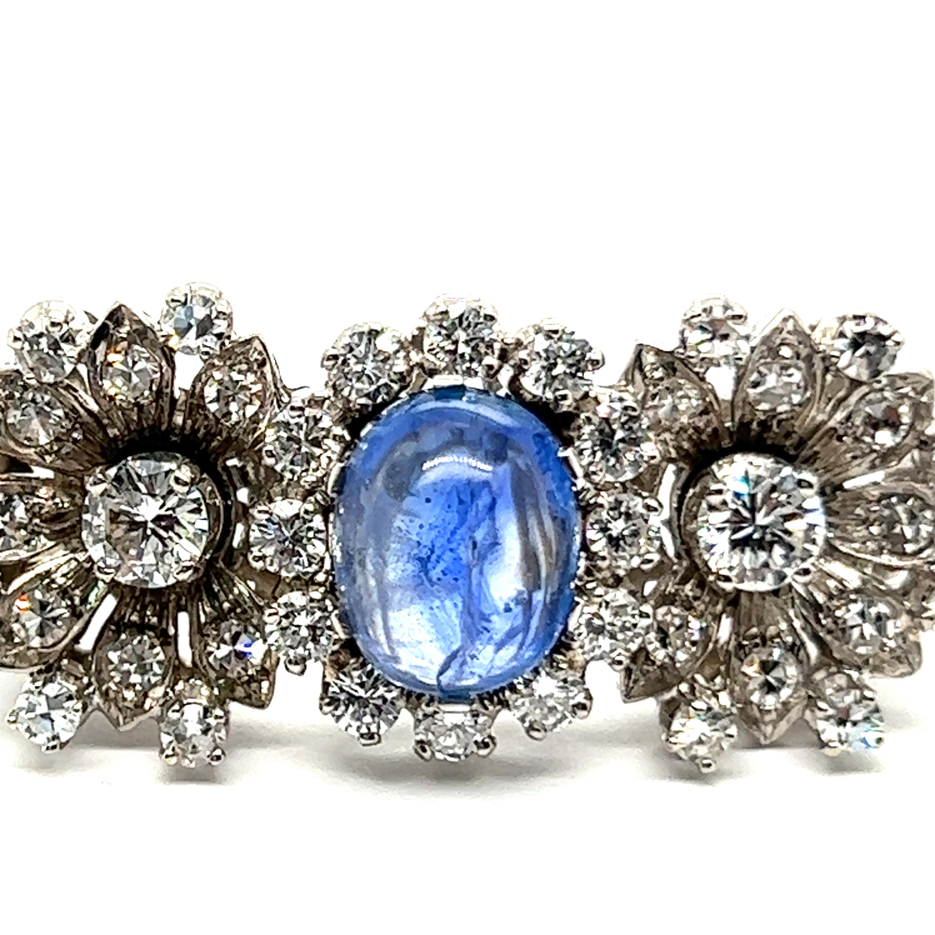Artist Flower Brooch with Blue Sapphire & Diamonds in 18 Karat White Gold  For Sale