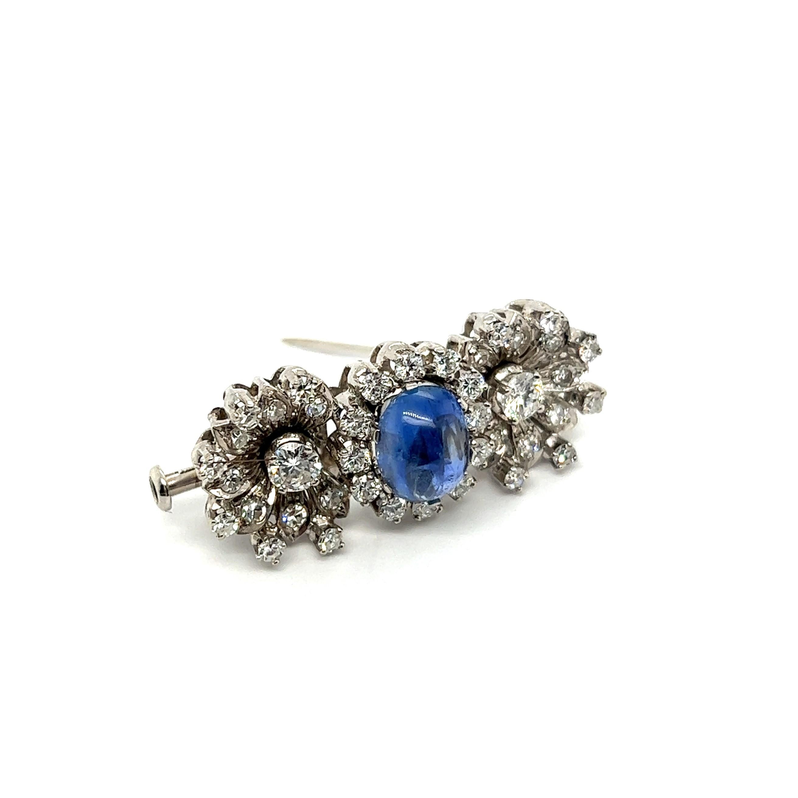 Cabochon Flower Brooch with Blue Sapphire & Diamonds in 18 Karat White Gold  For Sale
