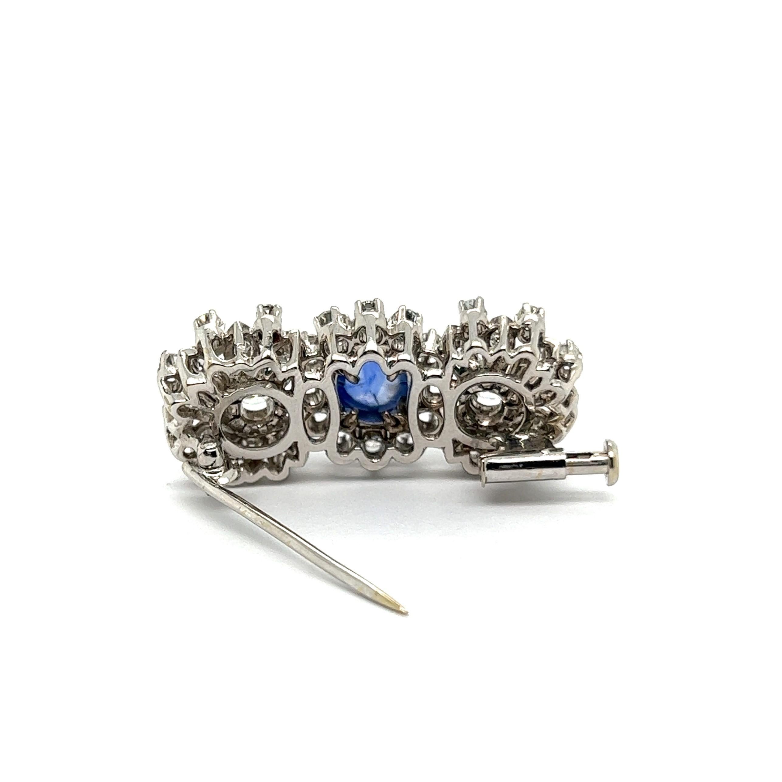 Women's or Men's Flower Brooch with Blue Sapphire & Diamonds in 18 Karat White Gold  For Sale