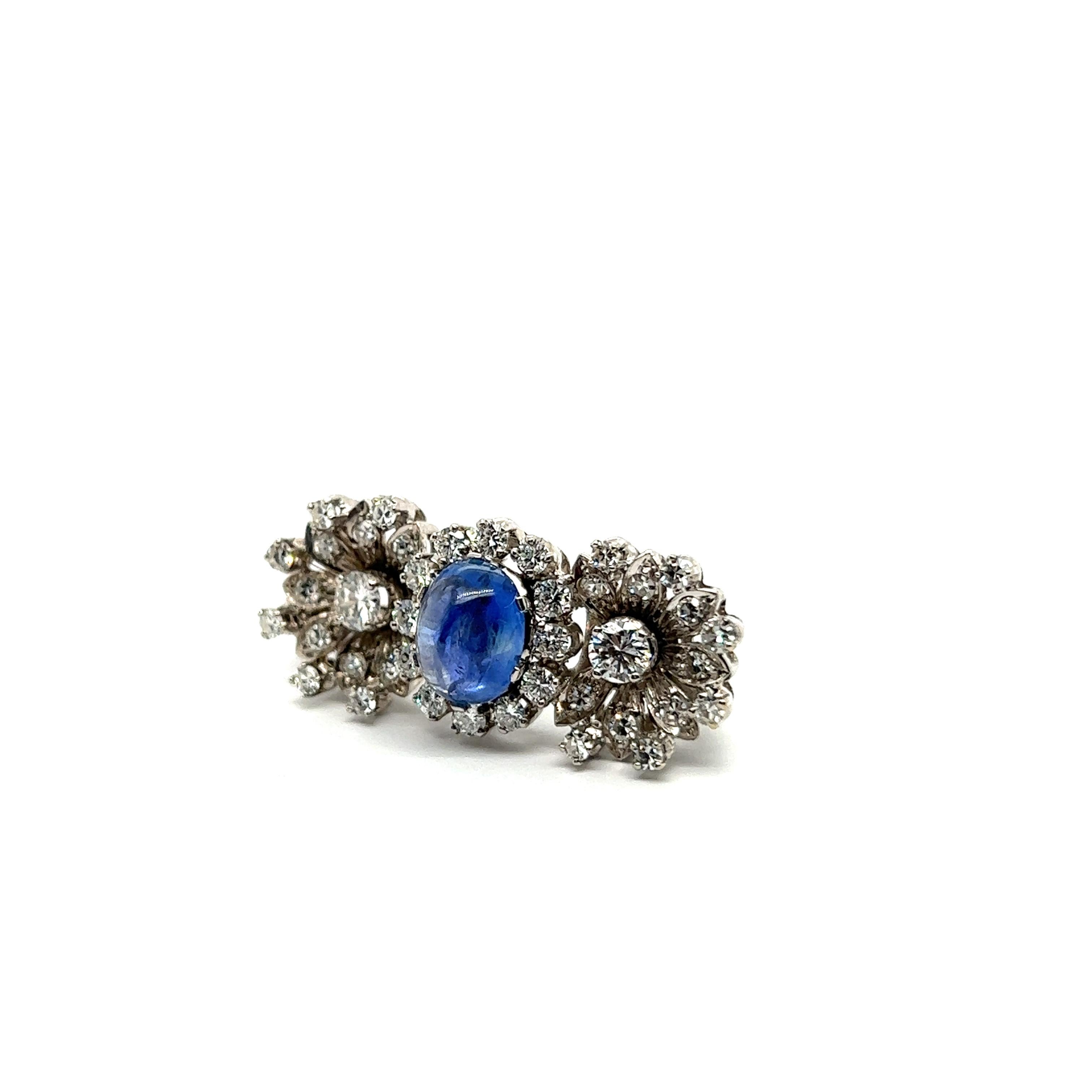 Flower Brooch with Blue Sapphire & Diamonds in 18 Karat White Gold  For Sale 2