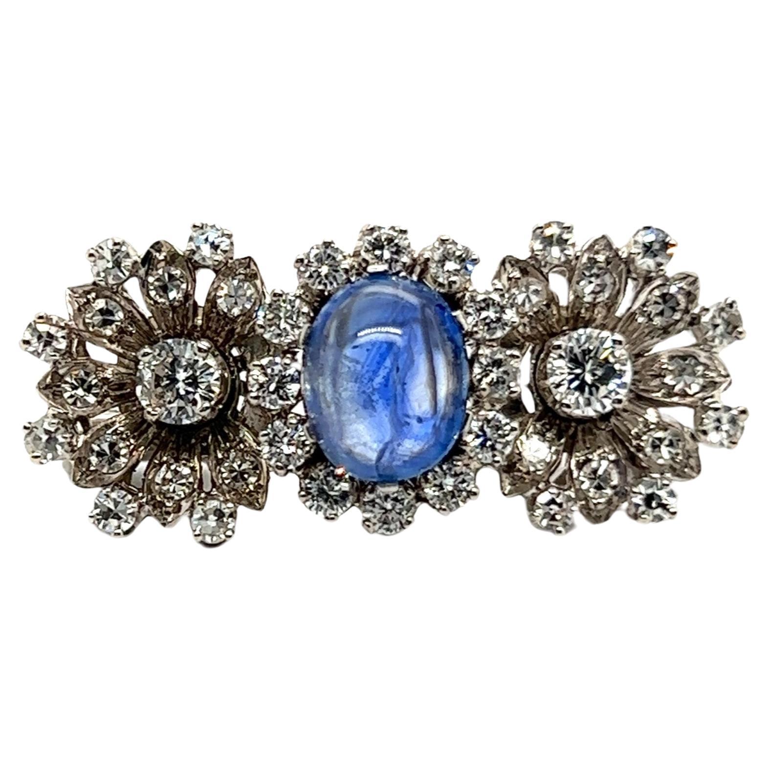 Flower Brooch with Blue Sapphire & Diamonds in 18 Karat White Gold  For Sale