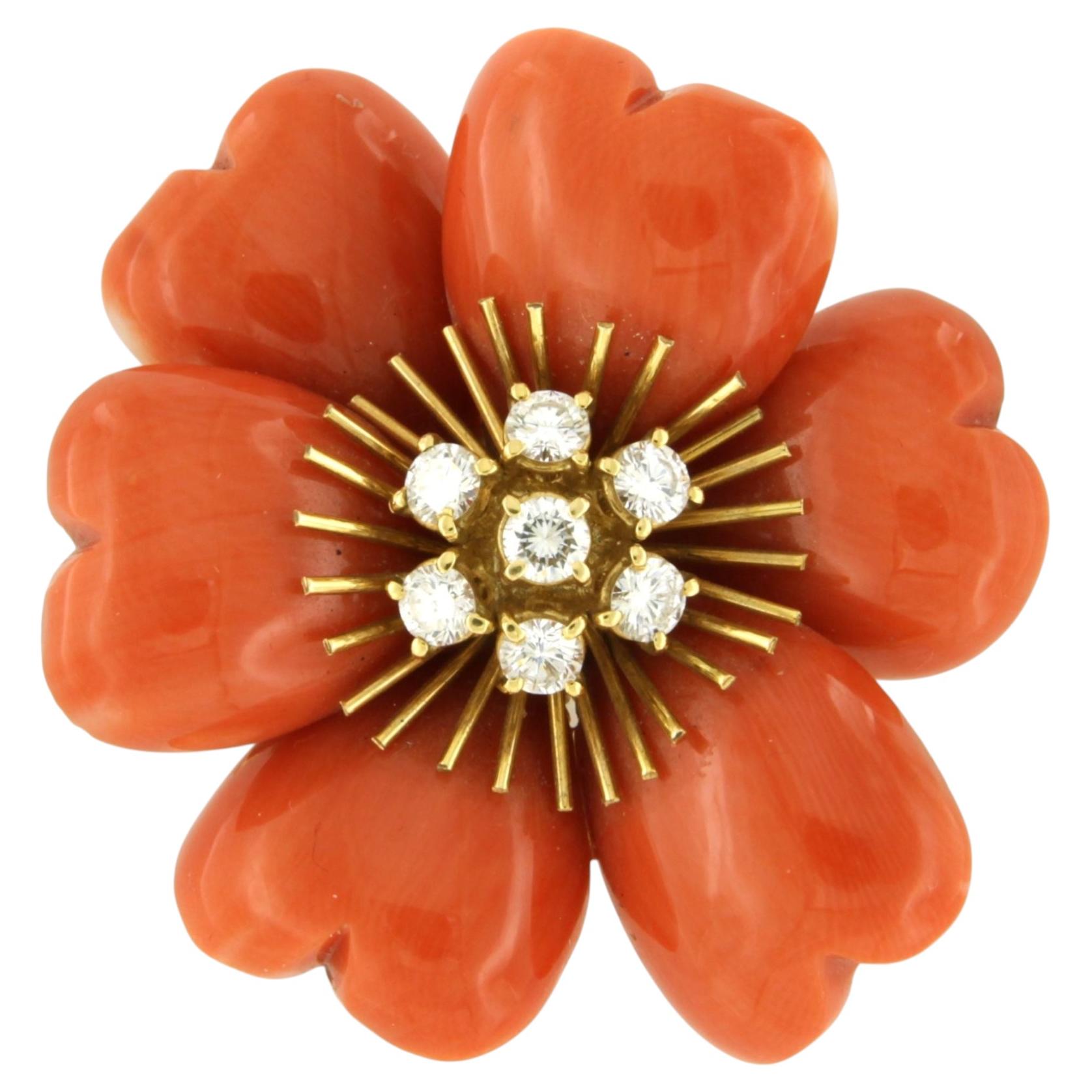 Flower brooch with coral and brillaint cut diamonds up to 1.00ct 18k gold