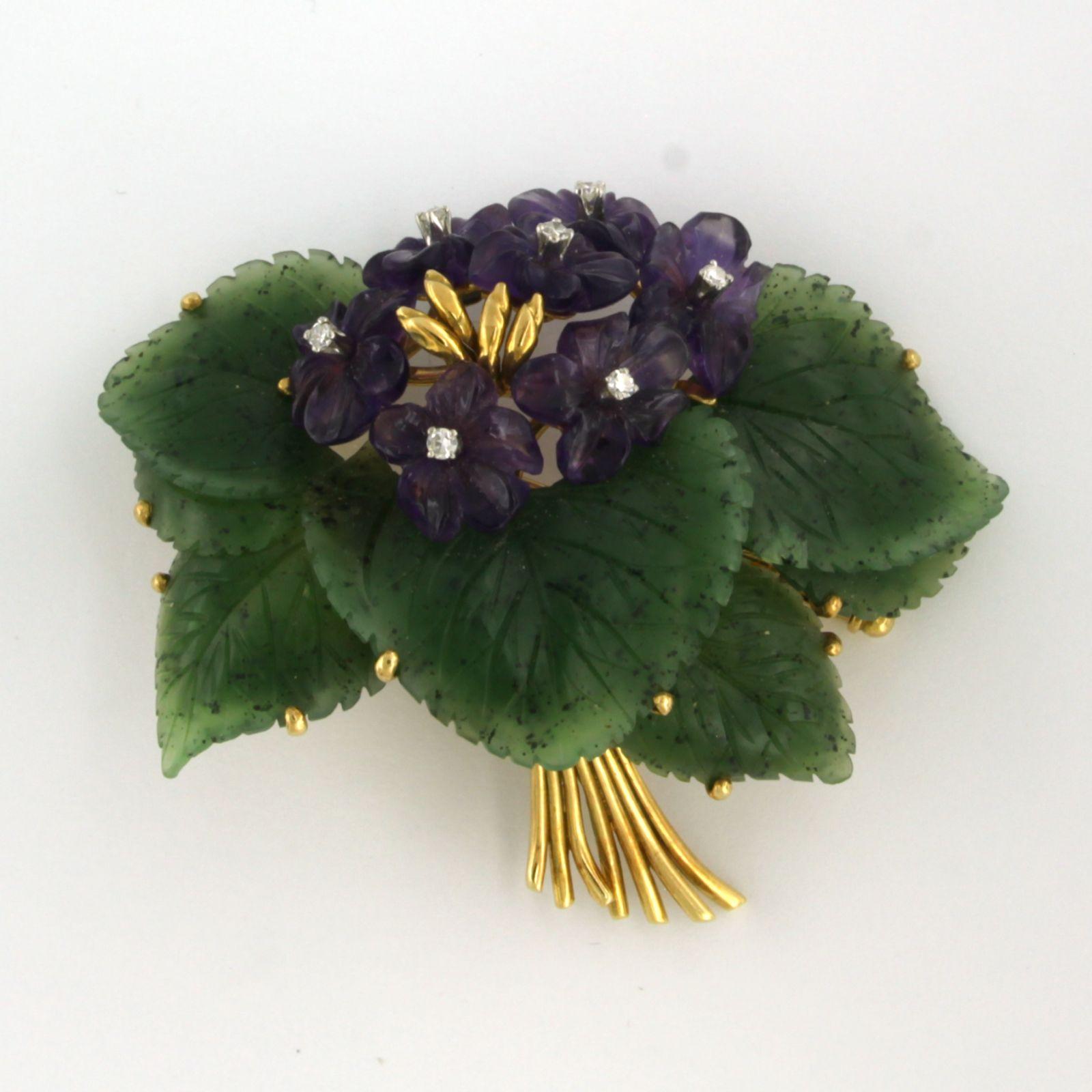 Modern Flower Brooch with Mosagate Amethyst and Diamond 18k yellow gold For Sale