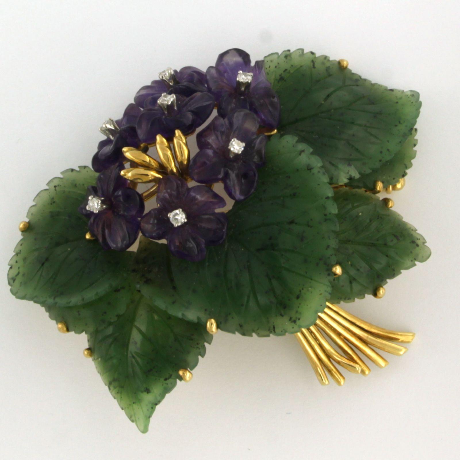 Single Cut Flower Brooch with Mosagate Amethyst and Diamond 18k yellow gold For Sale