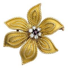 Flower Brooch with Natural Ruby and Diamond Center Brushed 18 Karat Yellow Gold