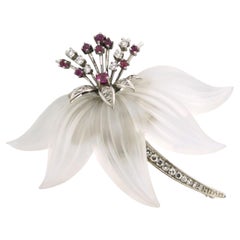 Blumenbrosche mit Bergkristall, Rubin und Diamanten bis zu 0,56ct 14k Gold