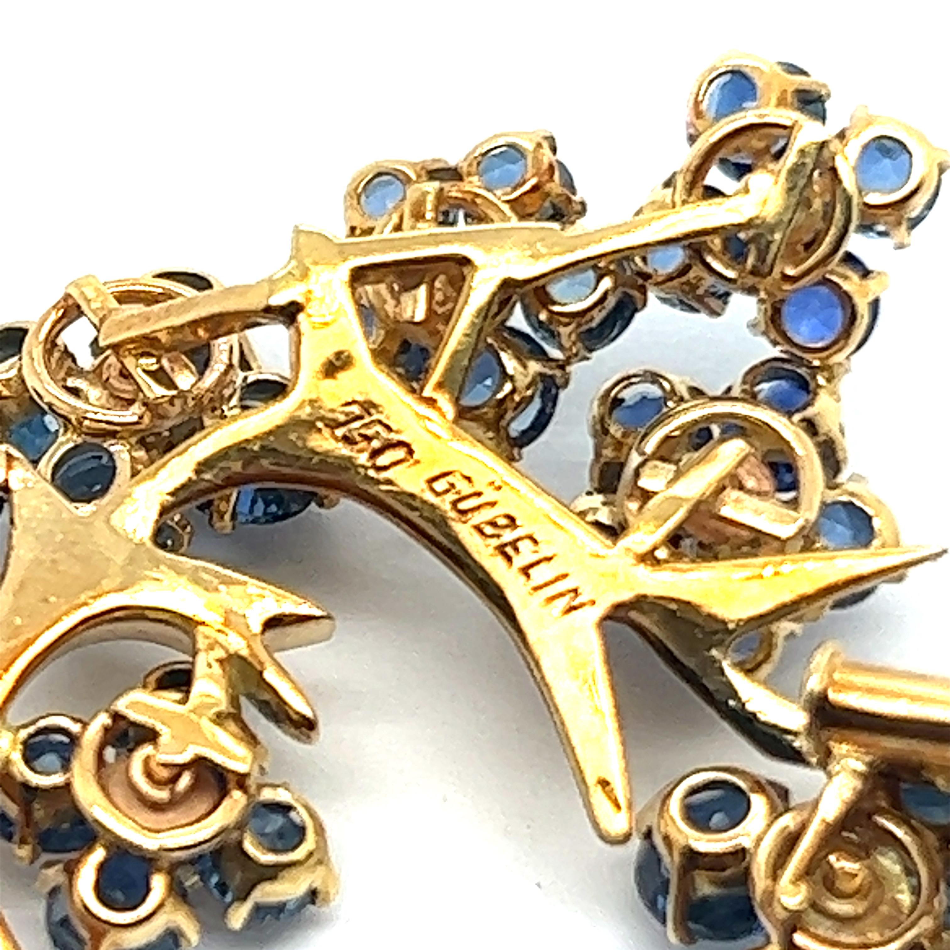 Women's or Men's Flower Brooch with Sapphire & Diamonds in 18 Karat Yellow Gold by Gübelin For Sale