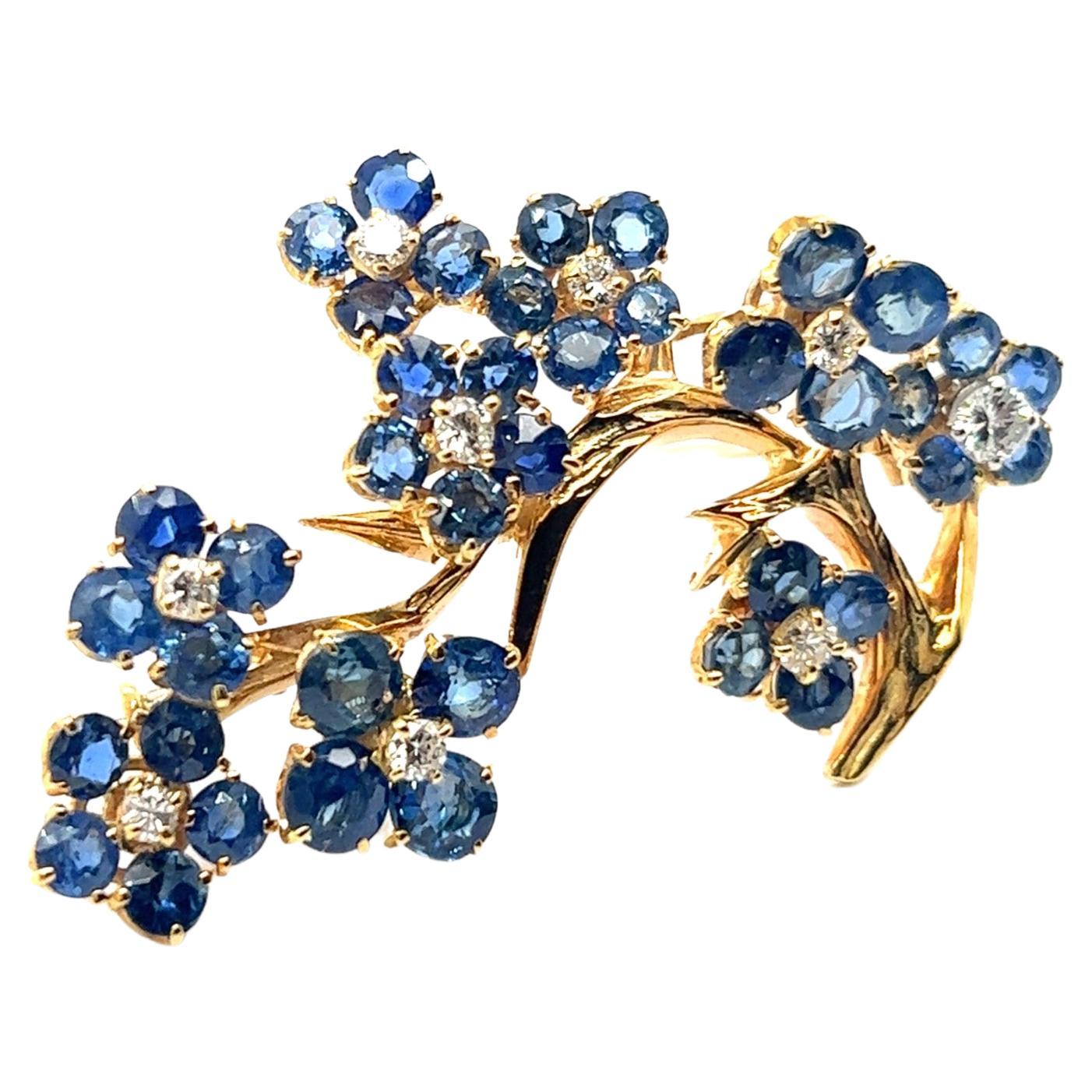 Flower Brooch with Sapphire & Diamonds in 18 Karat Yellow Gold by Gübelin For Sale