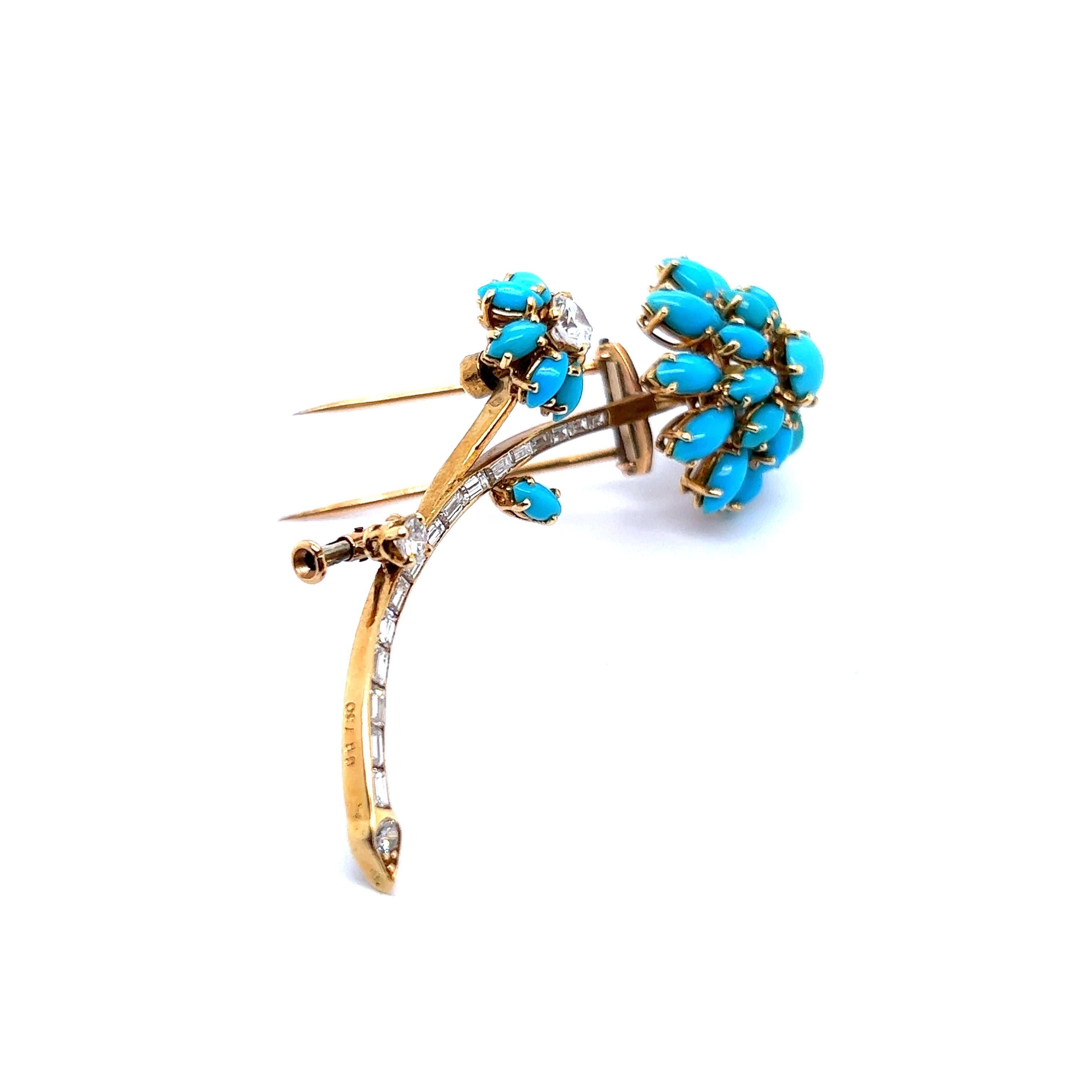 Flower Brooch with Turquoise and Diamonds in 18 Karat Yellow Gold 4
