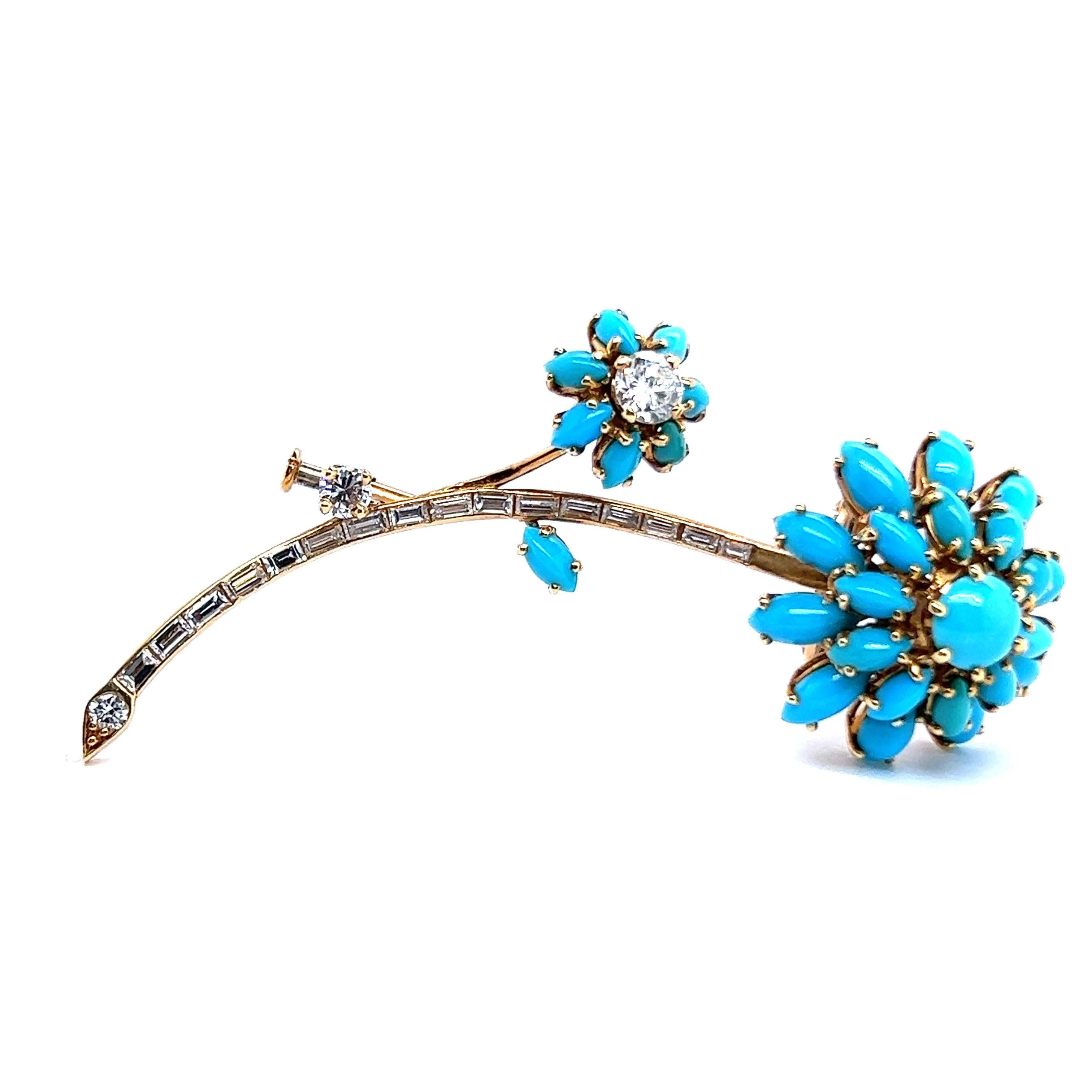 Flower Brooch with Turquoise and Diamonds in 18 Karat Yellow Gold 5
