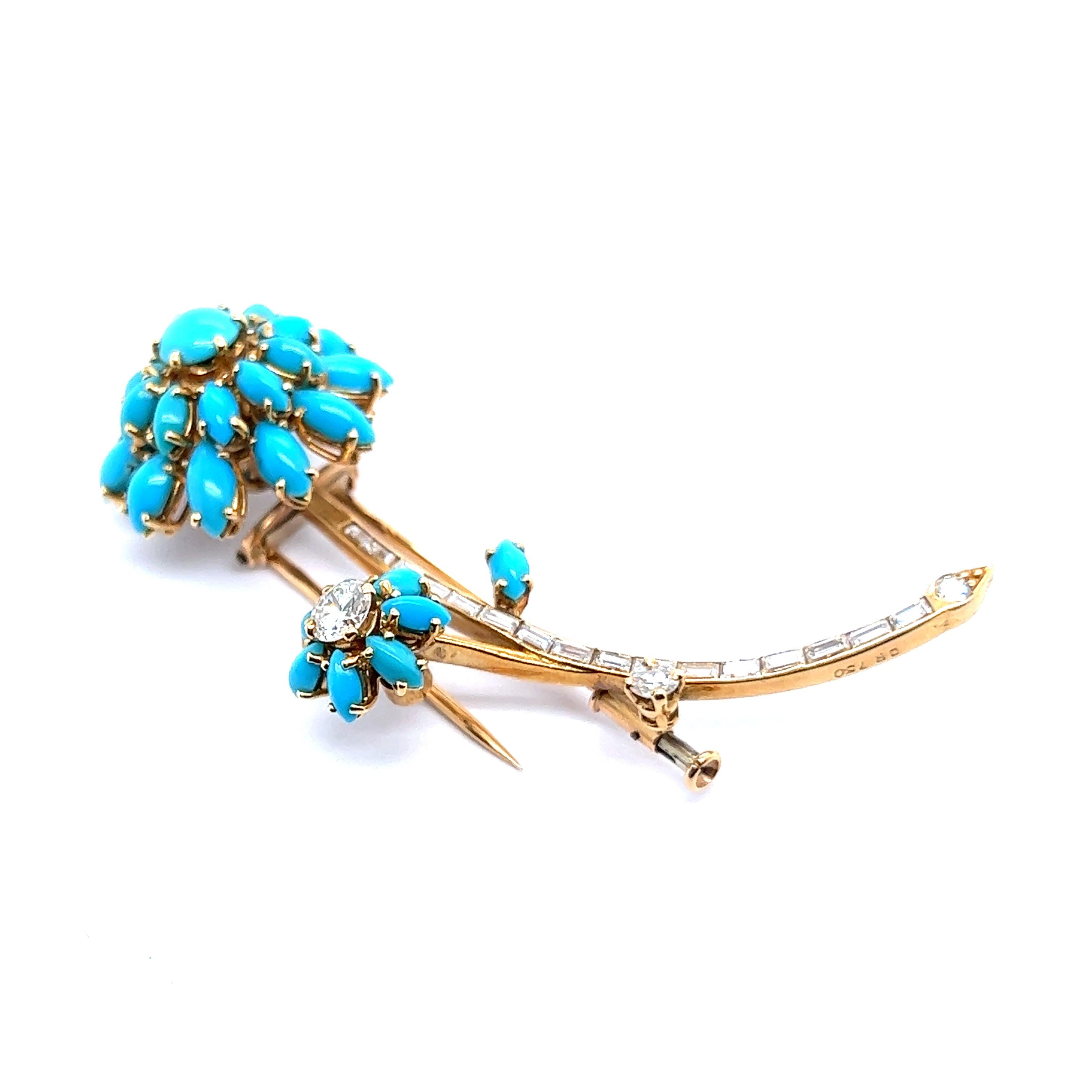 Flower Brooch with Turquoise and Diamonds in 18 Karat Yellow Gold 6