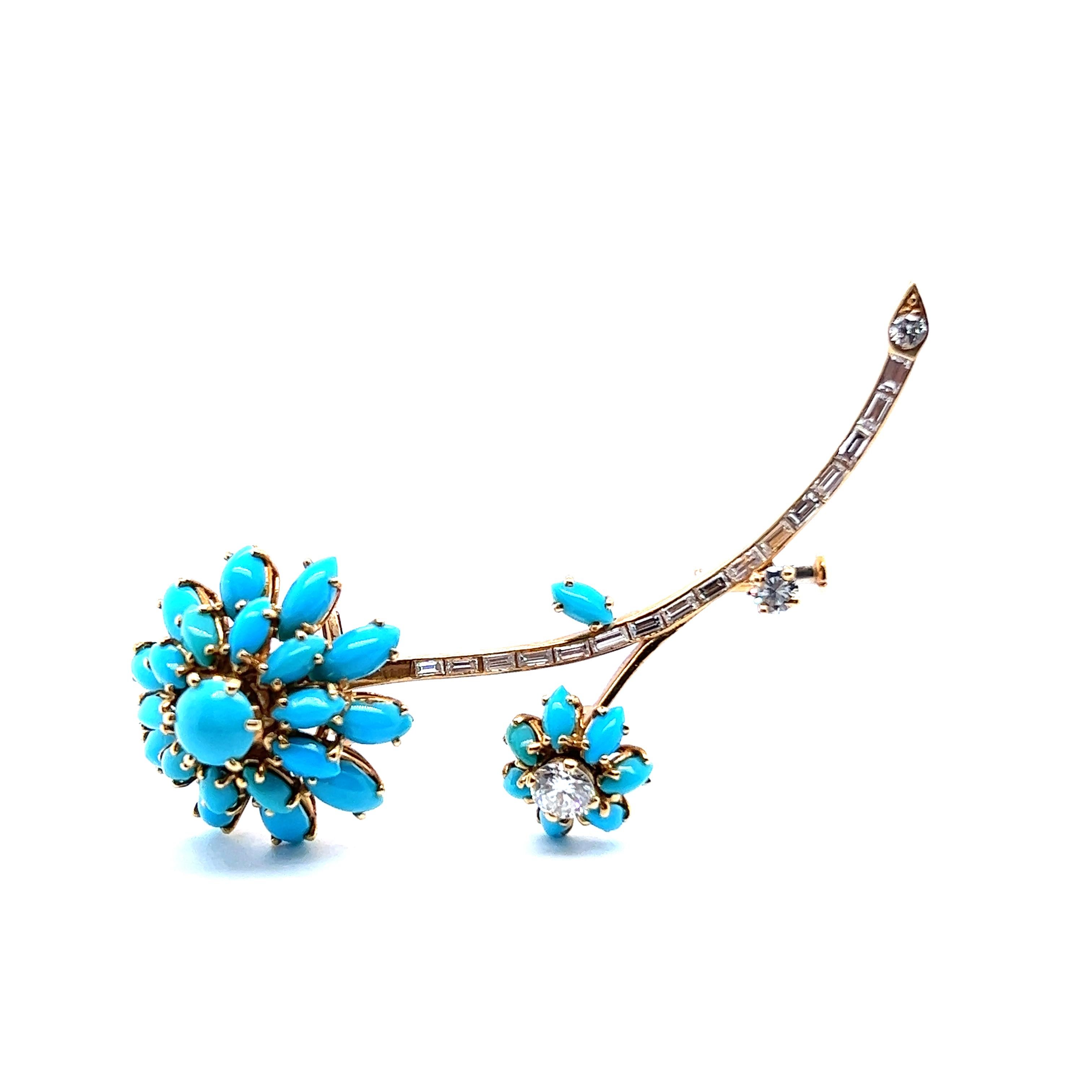 This turquoise flower brooch has a timeless charm and sophistication. The brooch is set with 29 blue cabochon-cut gemstones, each one a testament to an enduring historical legacy. Rooted in tradition and symbolism, turquoise reflects protection,