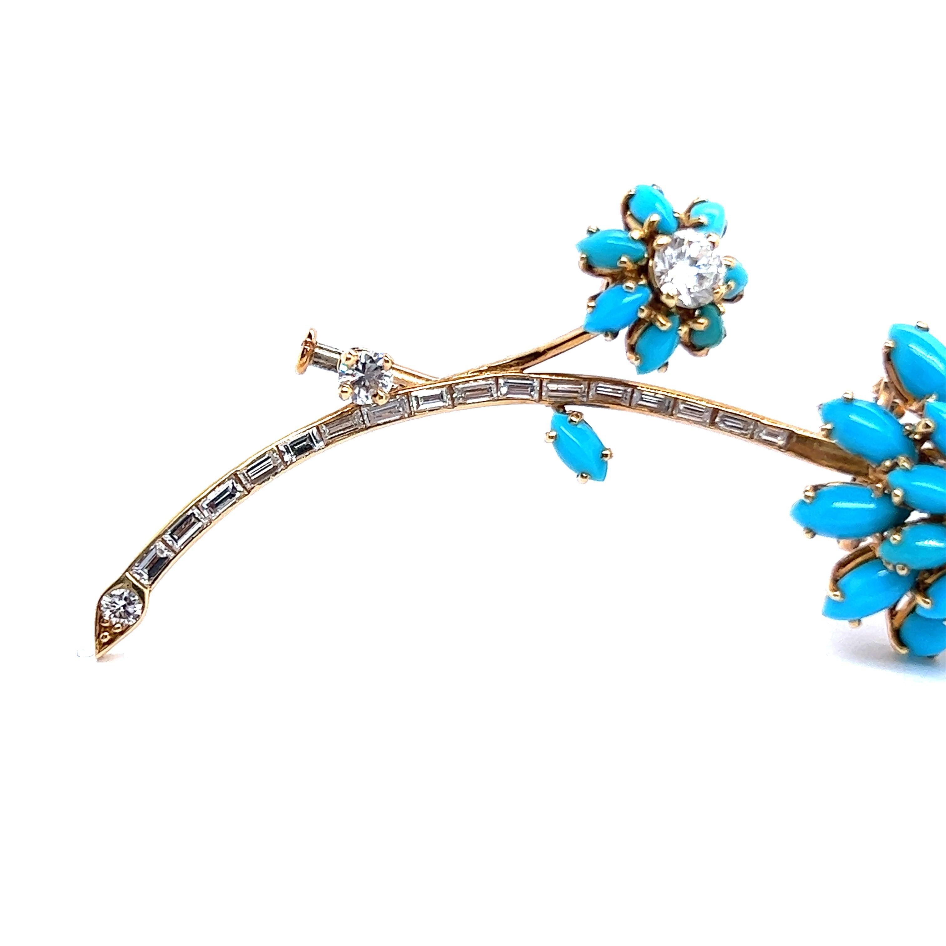 Artist Flower Brooch with Turquoise and Diamonds in 18 Karat Yellow Gold