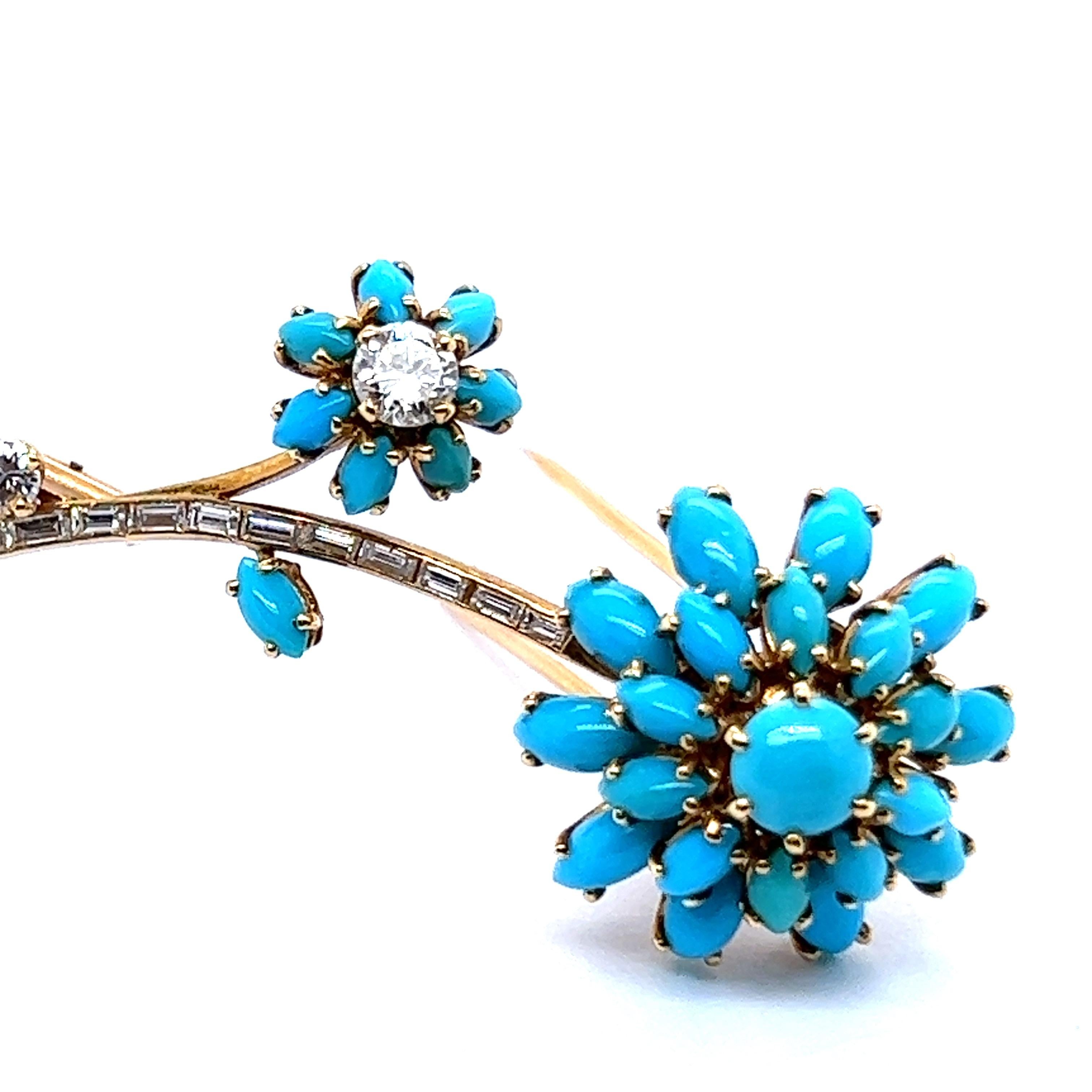 Cabochon Flower Brooch with Turquoise and Diamonds in 18 Karat Yellow Gold
