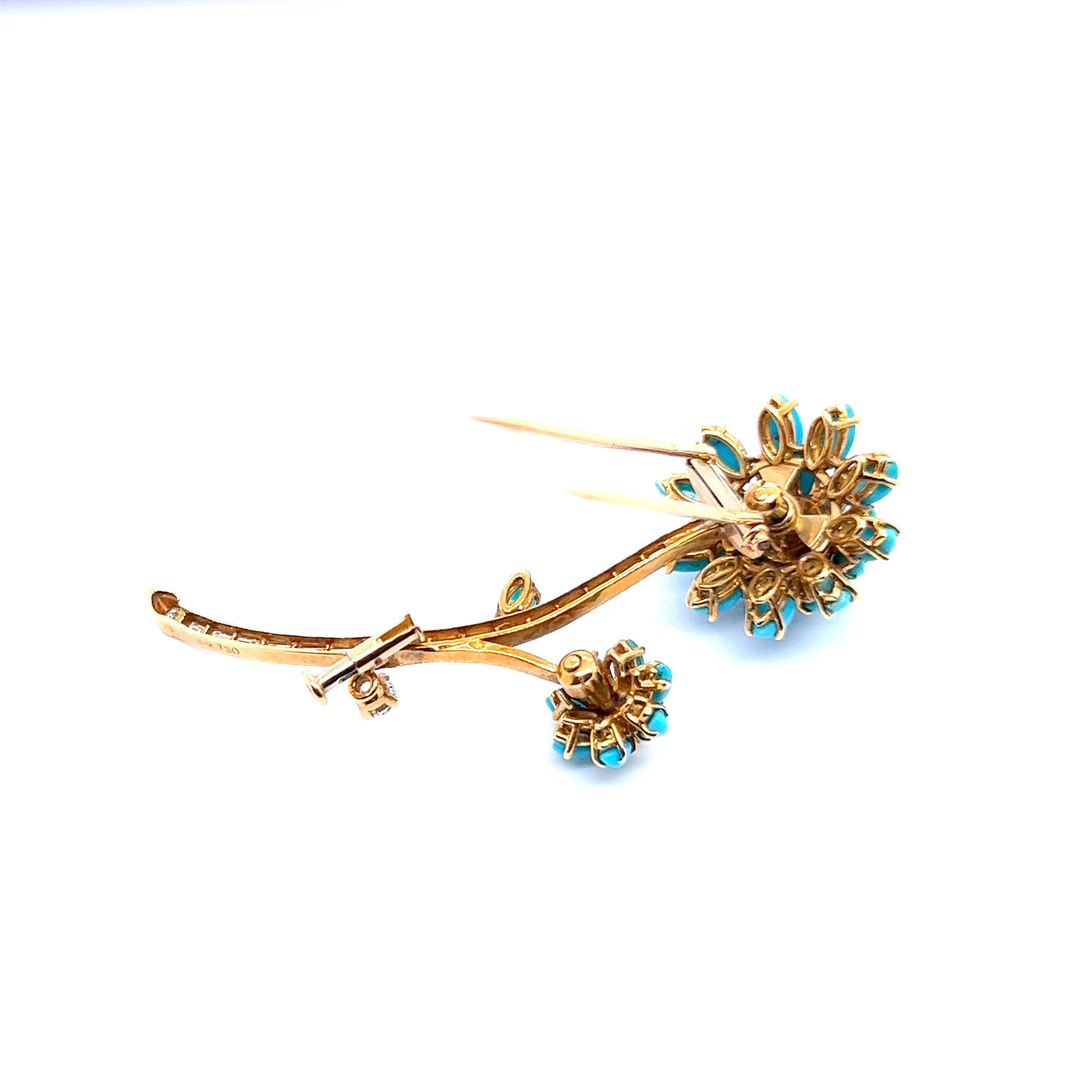 Flower Brooch with Turquoise and Diamonds in 18 Karat Yellow Gold In Excellent Condition In Lucerne, CH