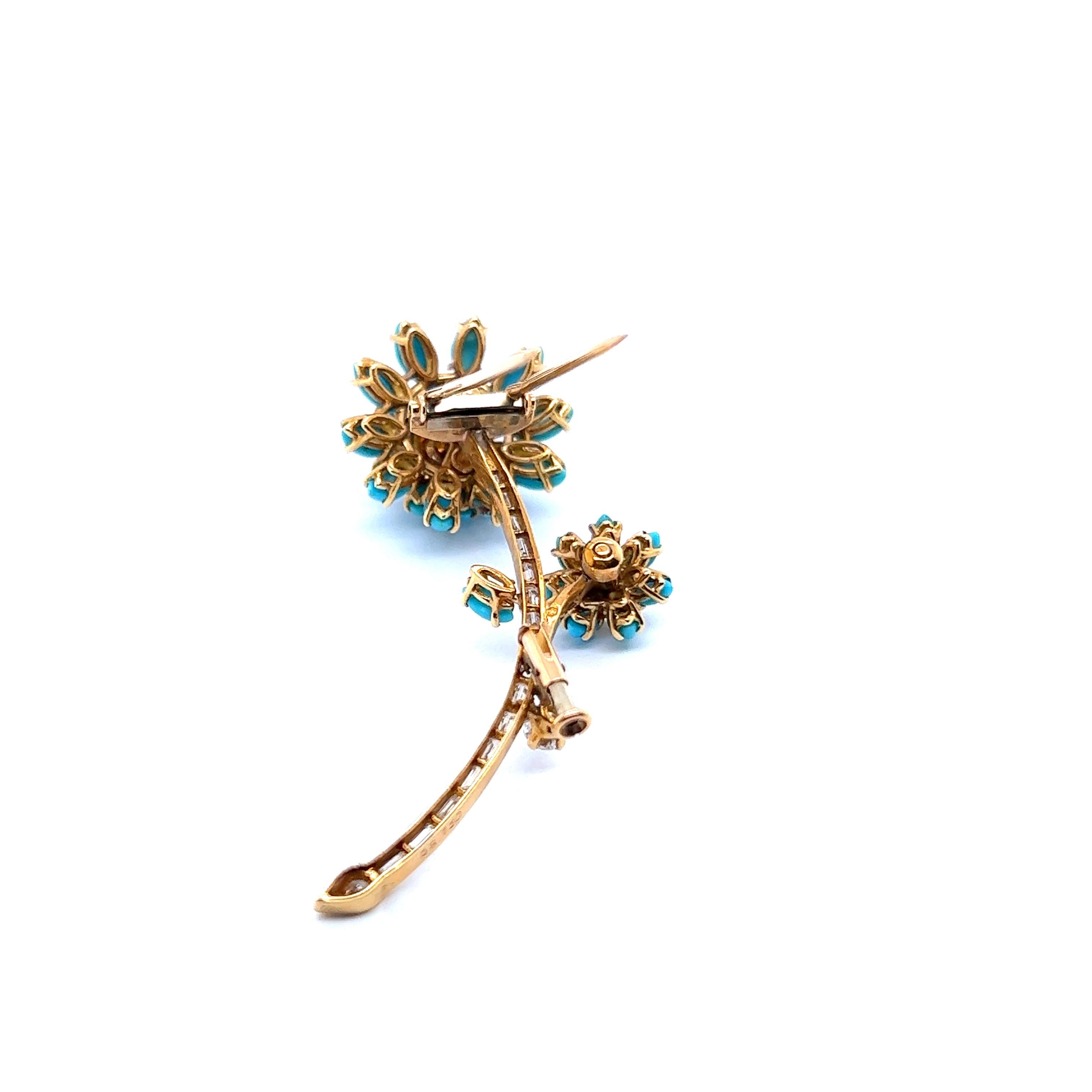 Women's or Men's Flower Brooch with Turquoise and Diamonds in 18 Karat Yellow Gold