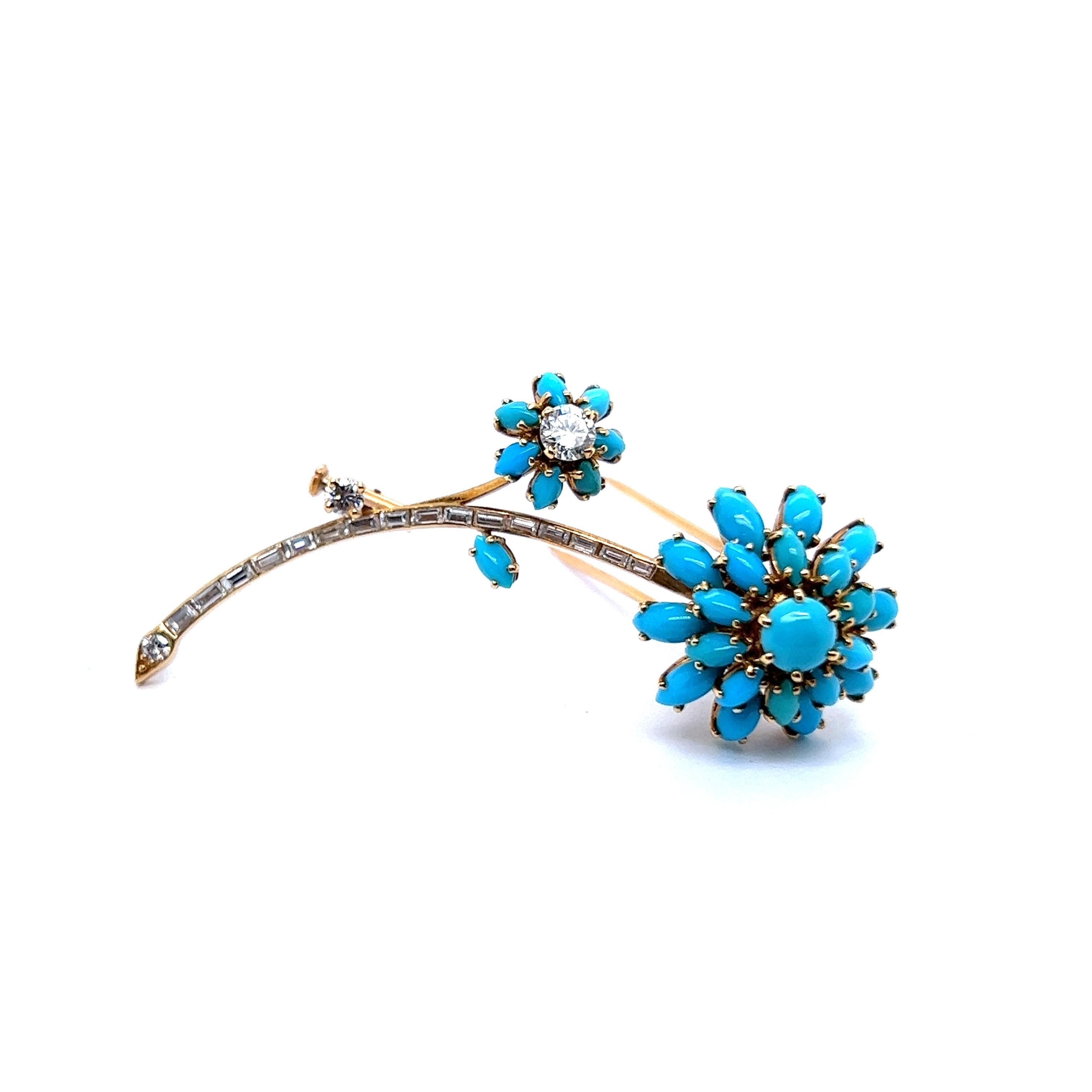 Flower Brooch with Turquoise and Diamonds in 18 Karat Yellow Gold 1