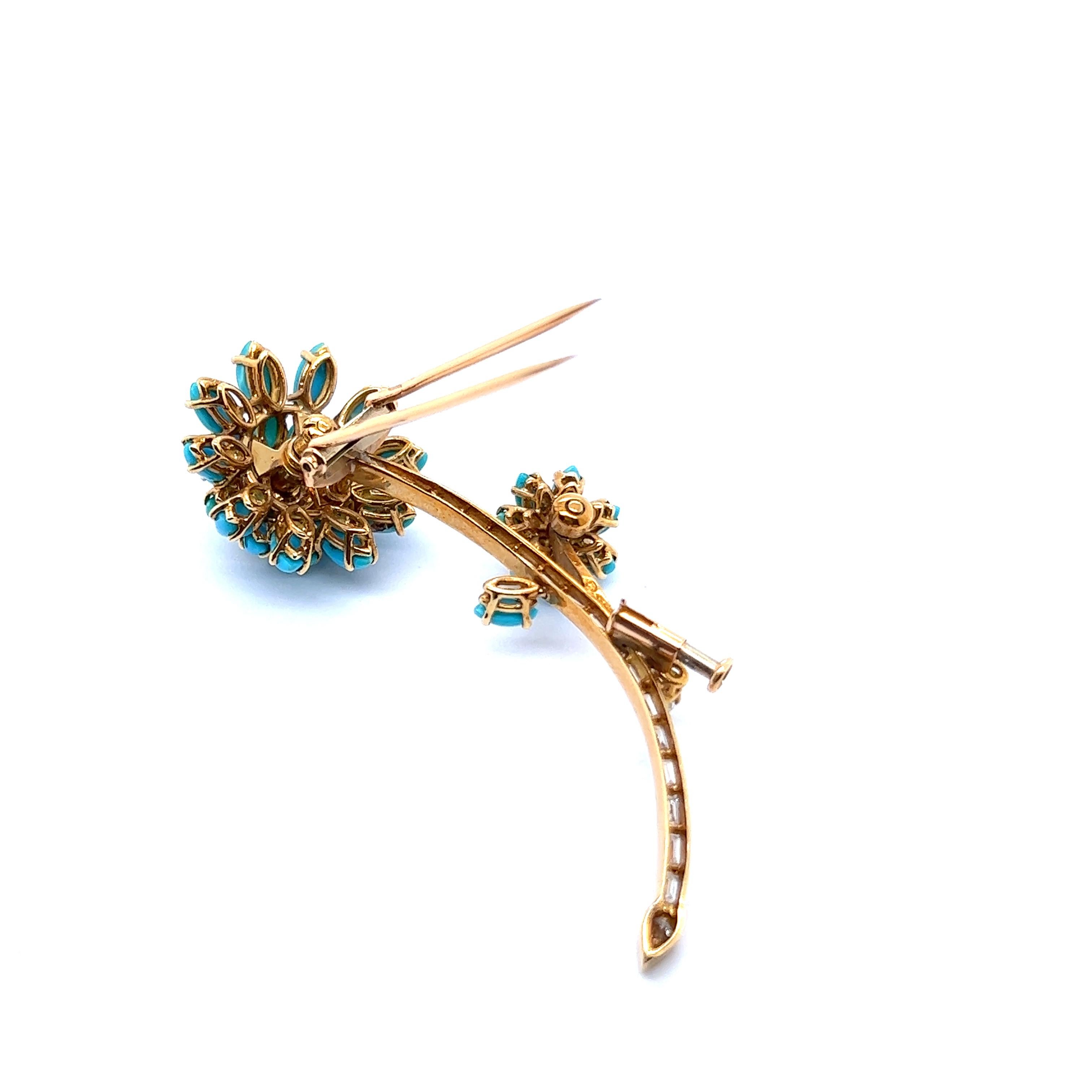 Flower Brooch with Turquoise and Diamonds in 18 Karat Yellow Gold 2
