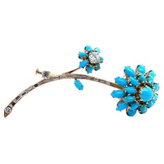 Flower Brooch with Turquoise and Diamonds in 18 Karat Yellow Gold