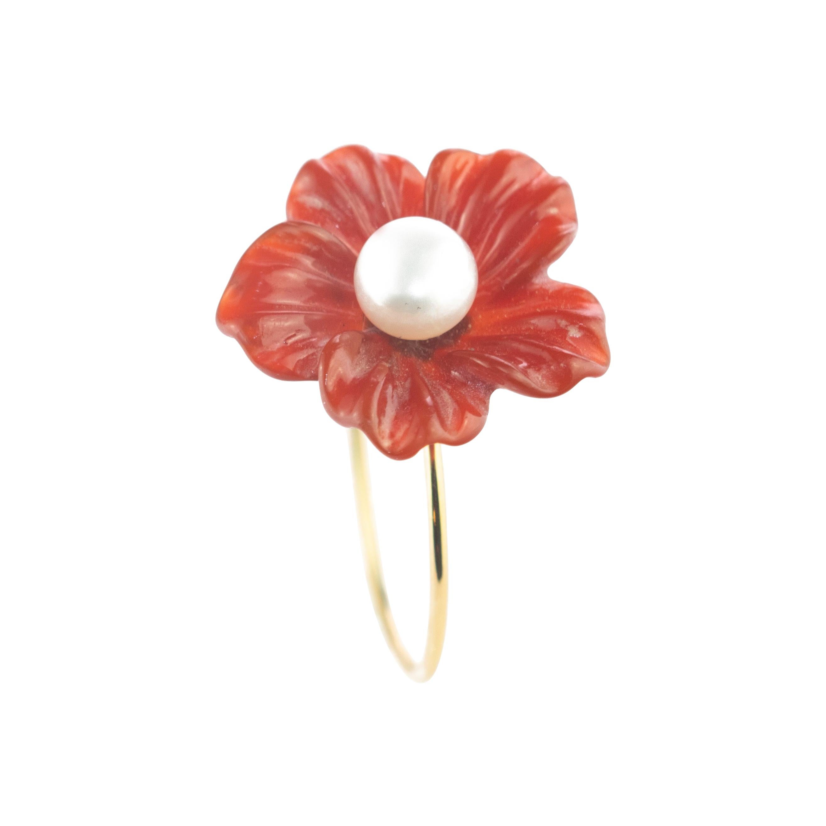 Bague italienne Spring faite à la main en or 18 carats avec agate marron et perle d
eau douce en forme de fleur